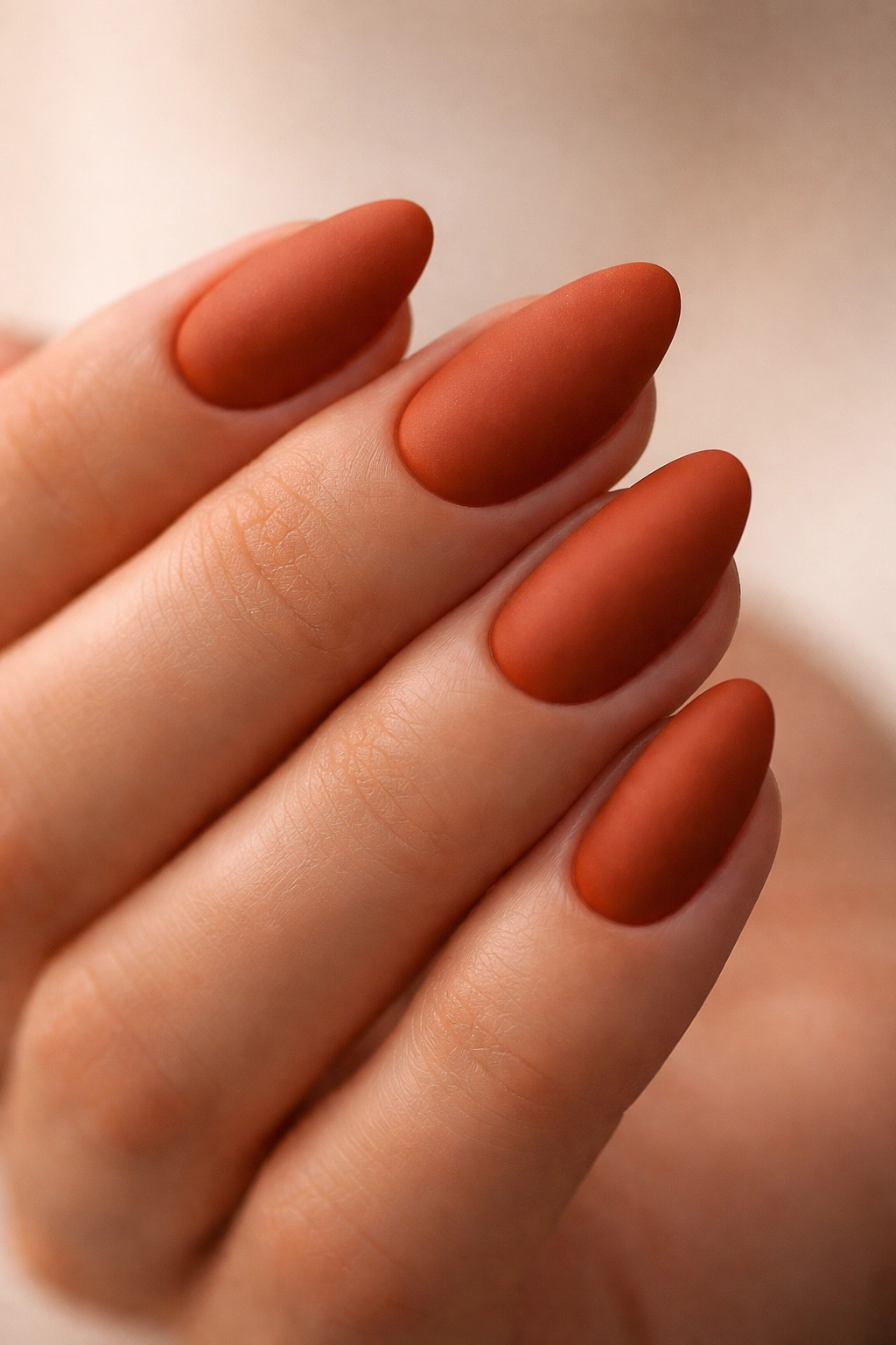 Close-up of short almond nails in matte burnt orange with a smooth, velvety finish.
