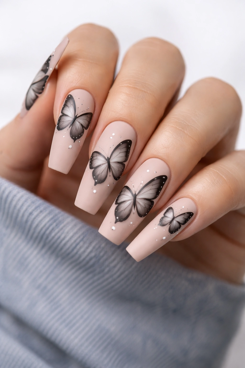 Close-up of coffin nails featuring a matte butterfly design with a bold silhouette on a white background.