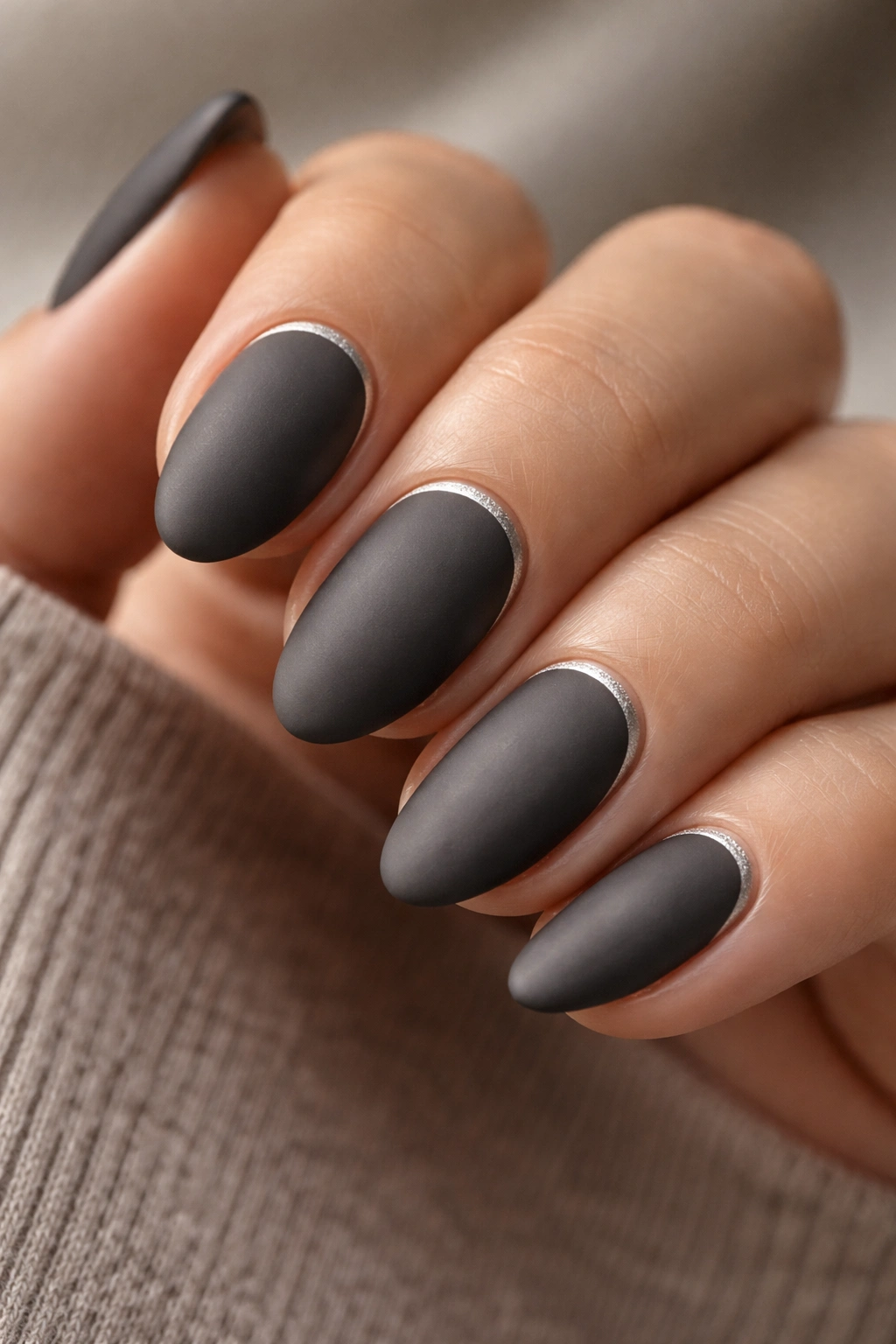 Close-up of short almond nails in matte charcoal with a thin silver line