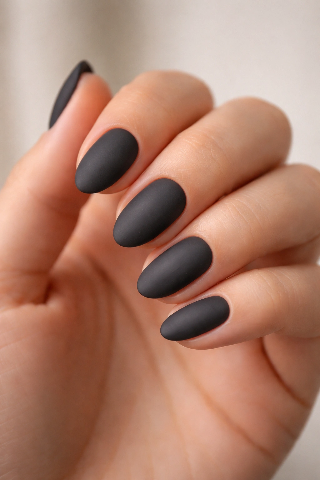 Close-up of very short almond nails in matte charcoal gray