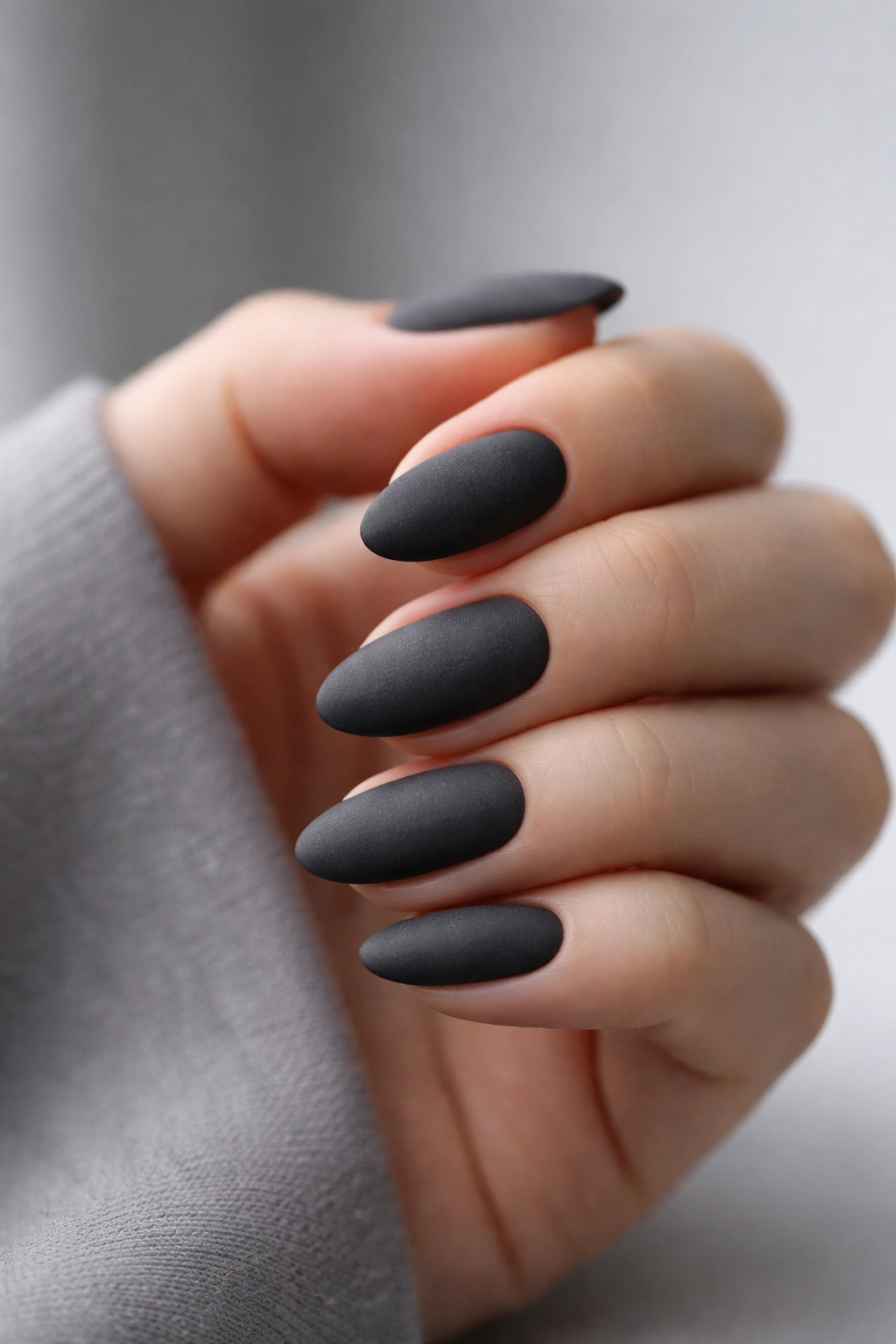 Close-up of matte charcoal short almond nails with velvety finish