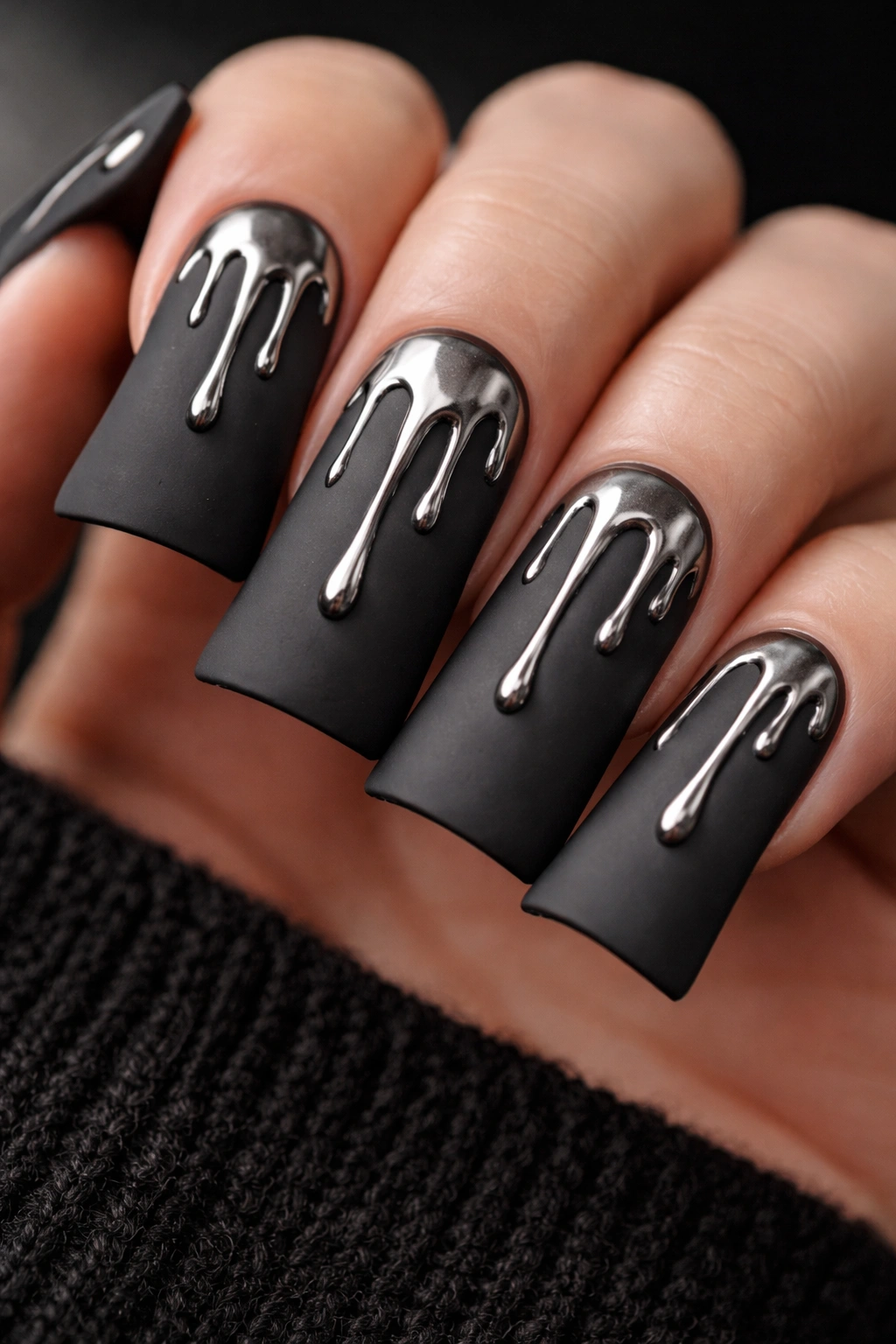 Close-up of matte charcoal nails with silver drip lines from top edge