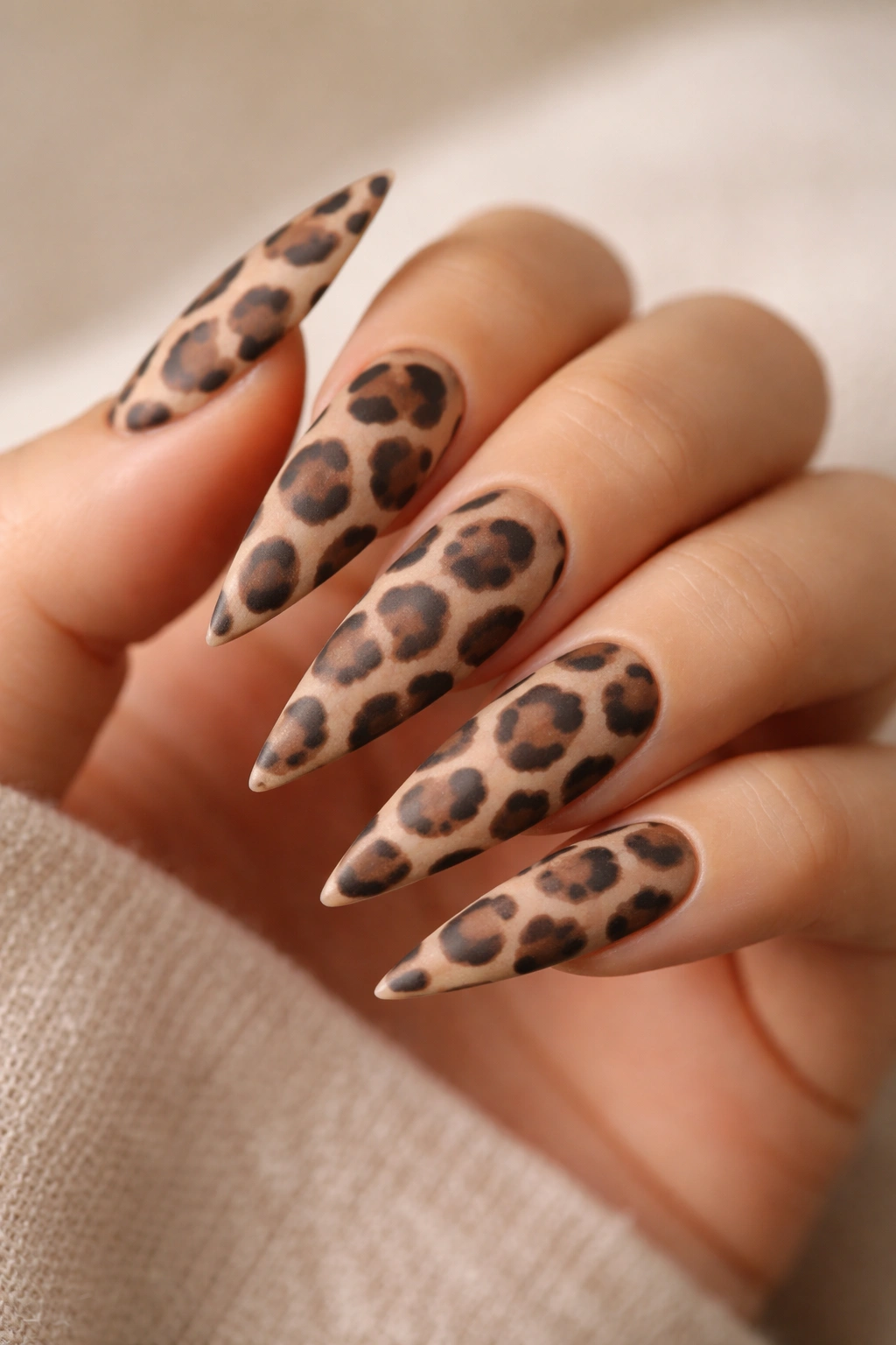 Matte cheetah print on nude stiletto nails with velvety finish