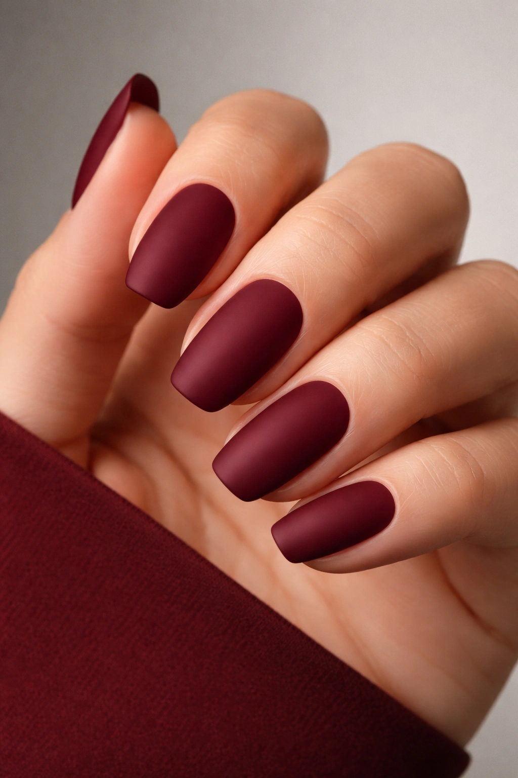 Close-up of matte deep cherry nails with velvety finish on a hand