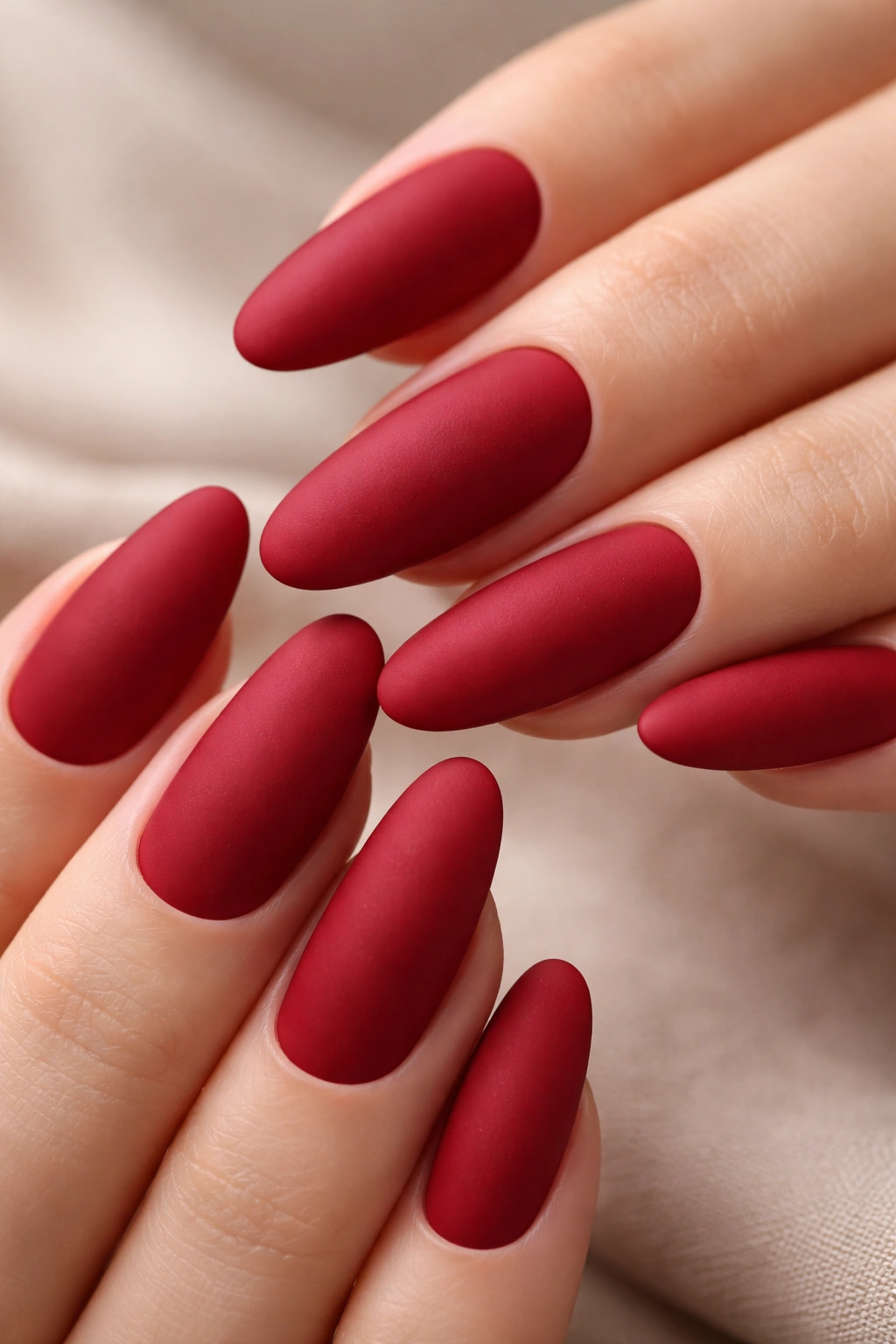 Close-up of long round nails with matte cherry red finish