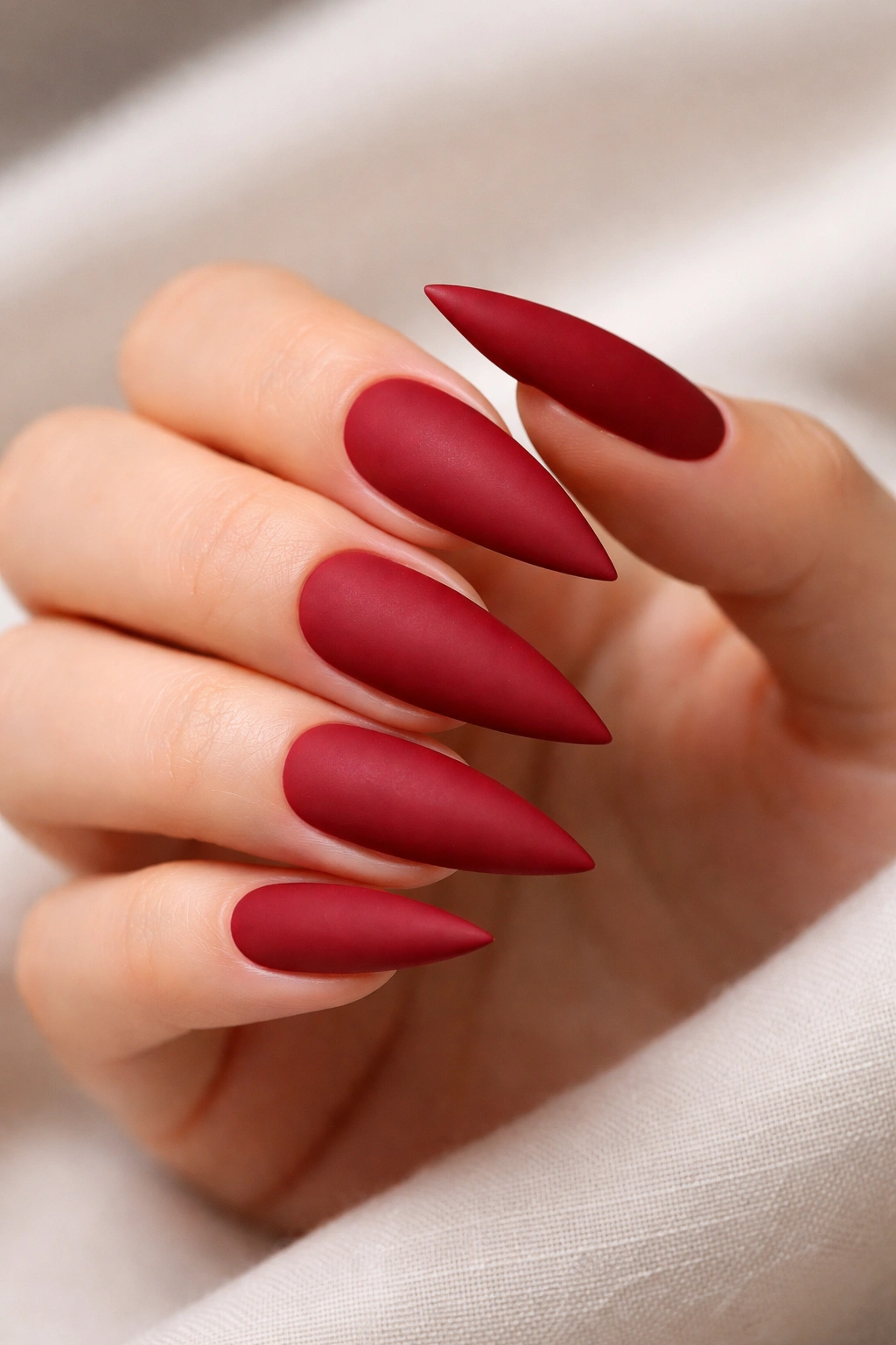 Matte cherry red stiletto nails with velvety finish