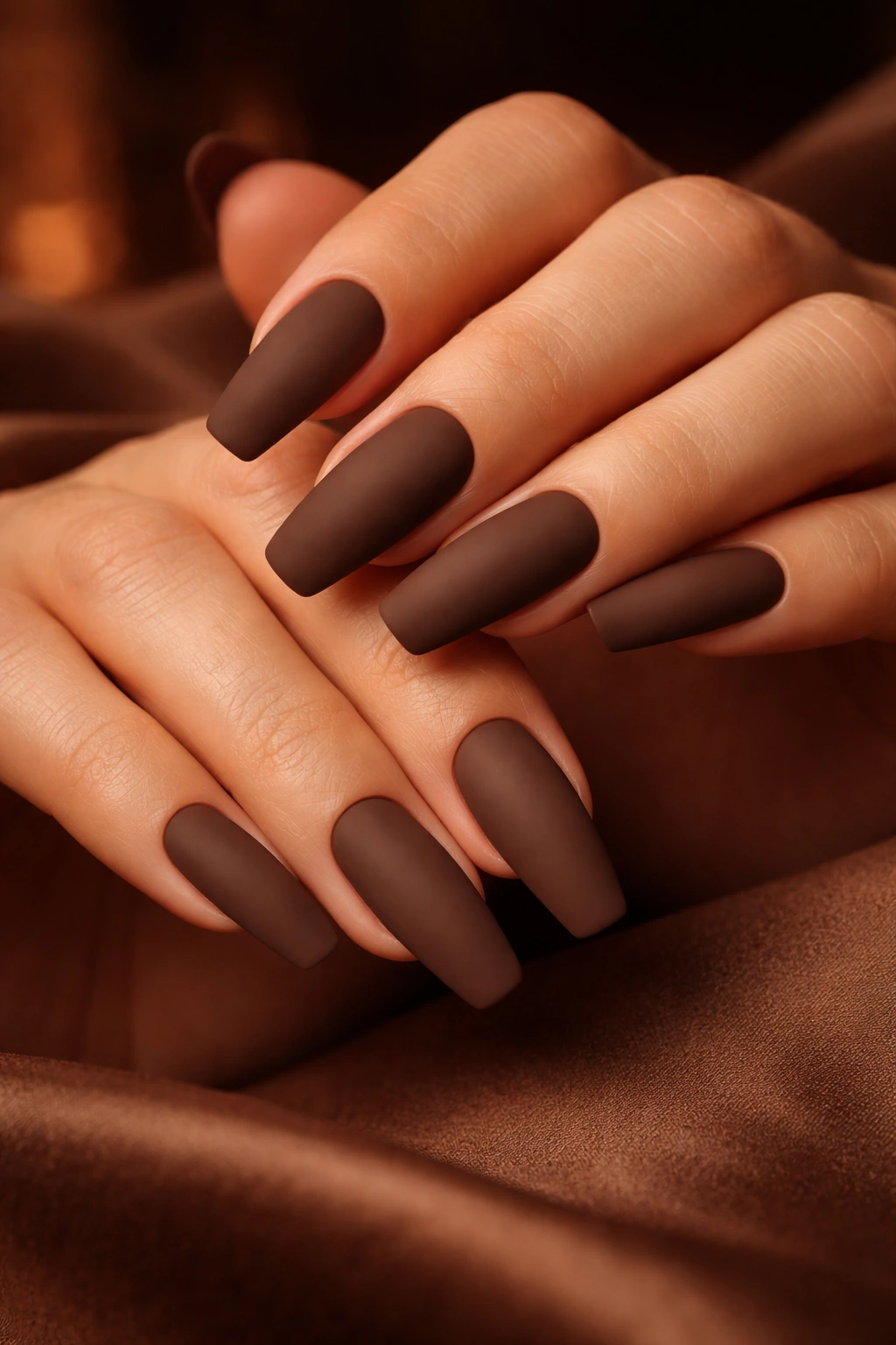 Close-up of hands with matte chocolate brown nails