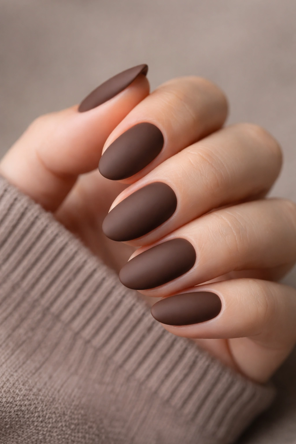 Close-up of short almond nails in matte chocolate brown finish