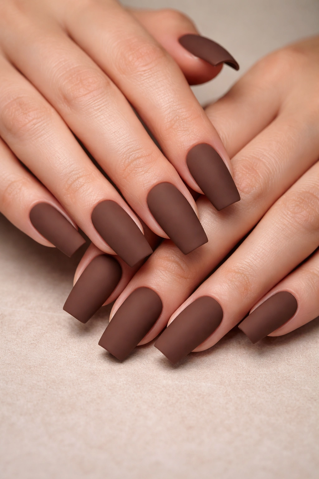 Close-up of square matte chocolate brown acrylic nails