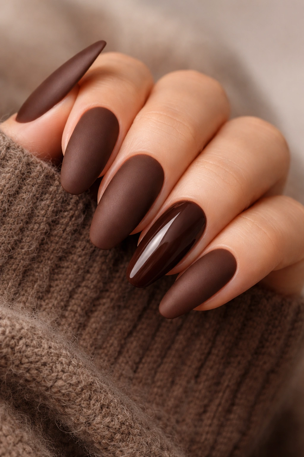 Close-up of matte chocolate brown nails.
