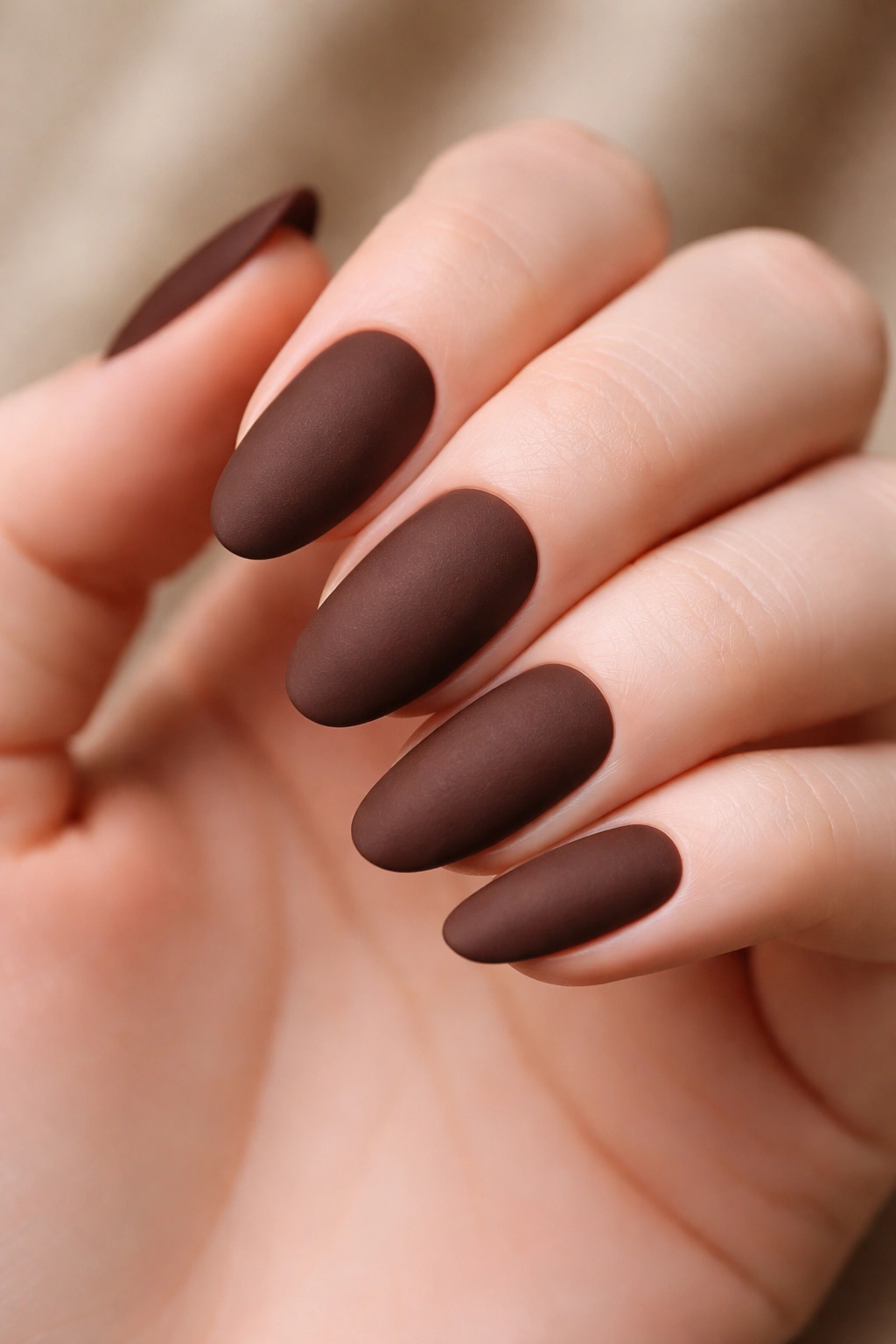Close-up of nails painted matte chocolate brown on pale skin