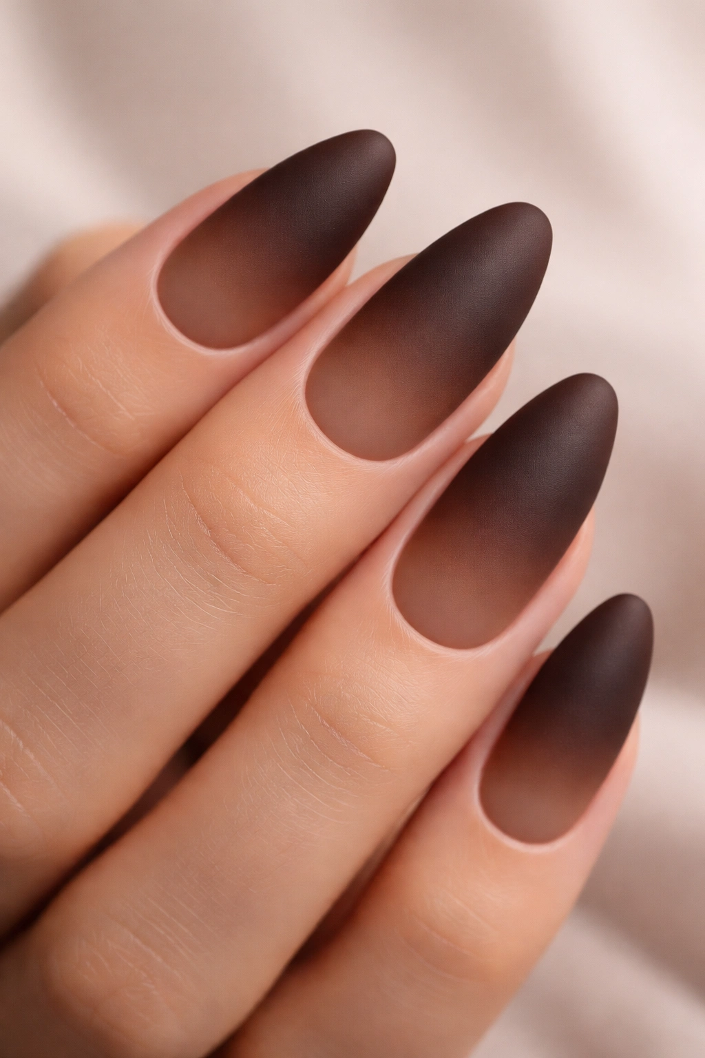 Velvety matte chocolate ombre nails on a hand