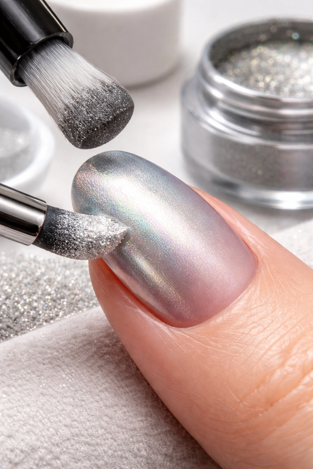 Macro view of nail undergoing matte chrome application process