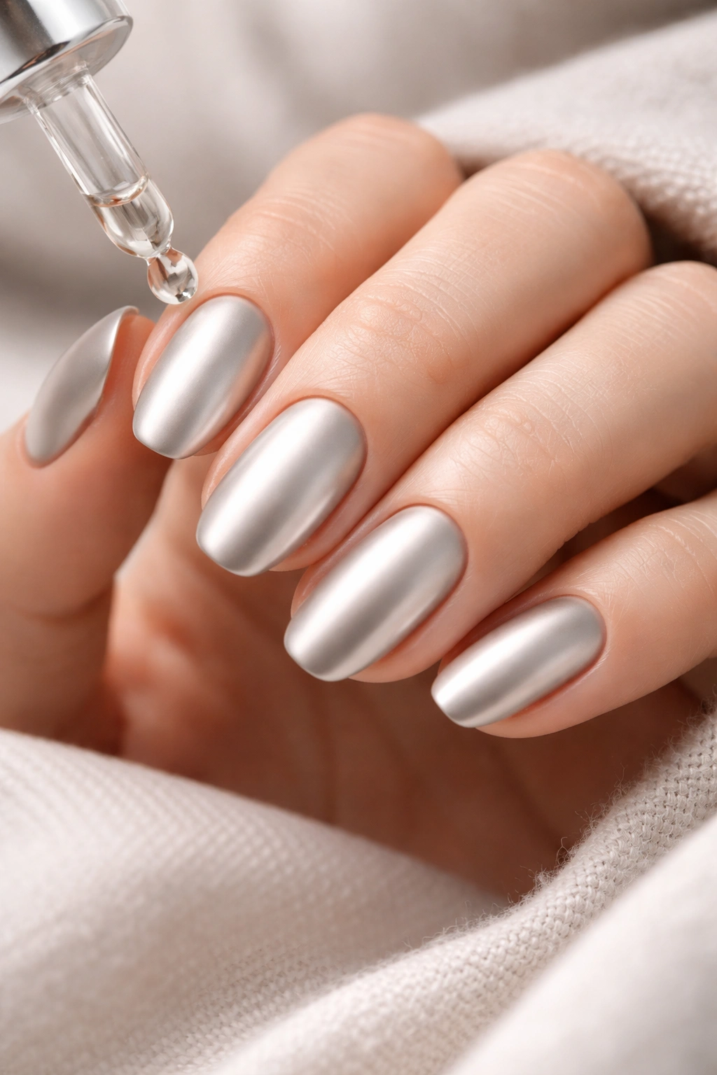 Close-up of hand with well-maintained matte chrome nails