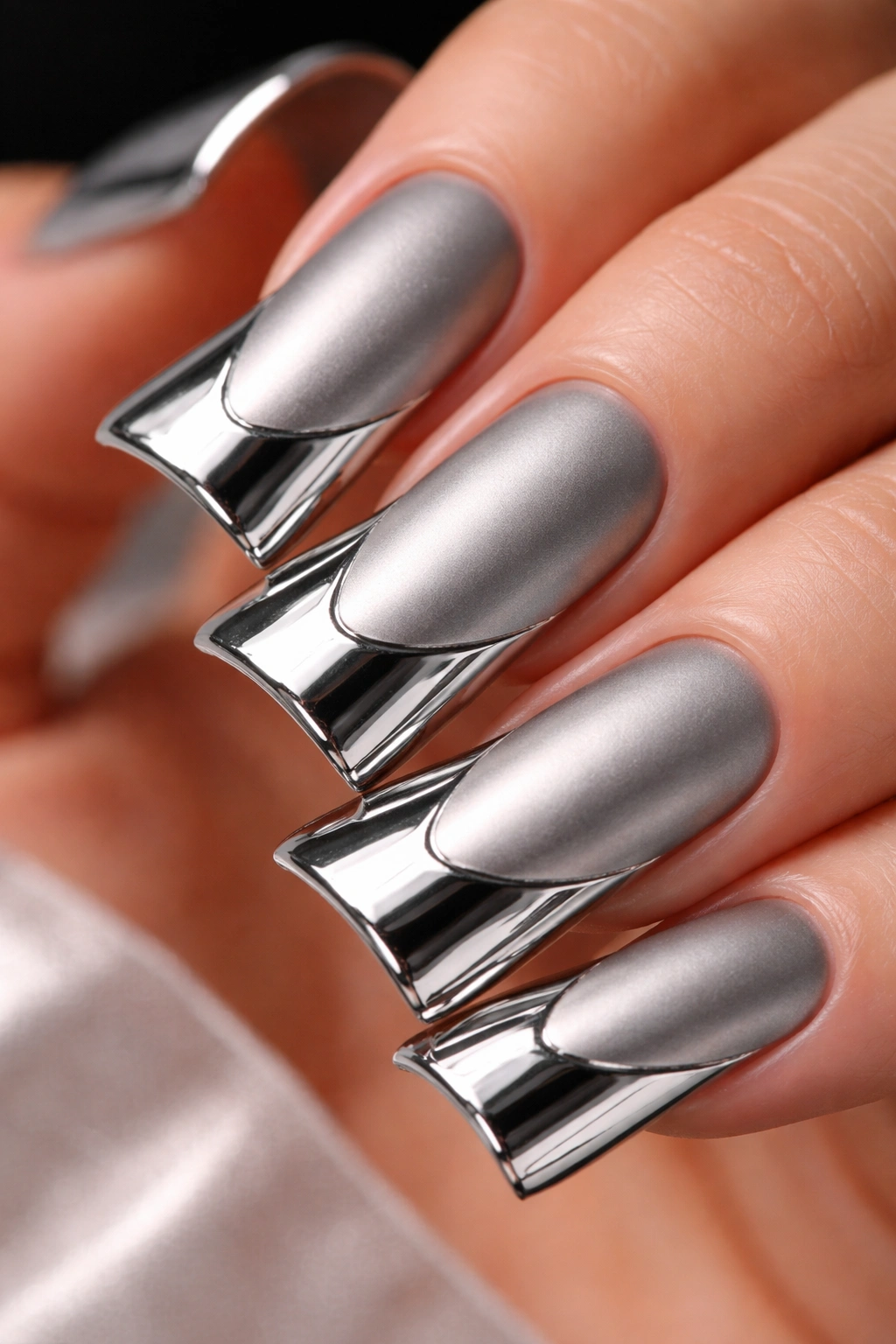 Close-up of matte chrome base with glossy chrome tips on a ducknail