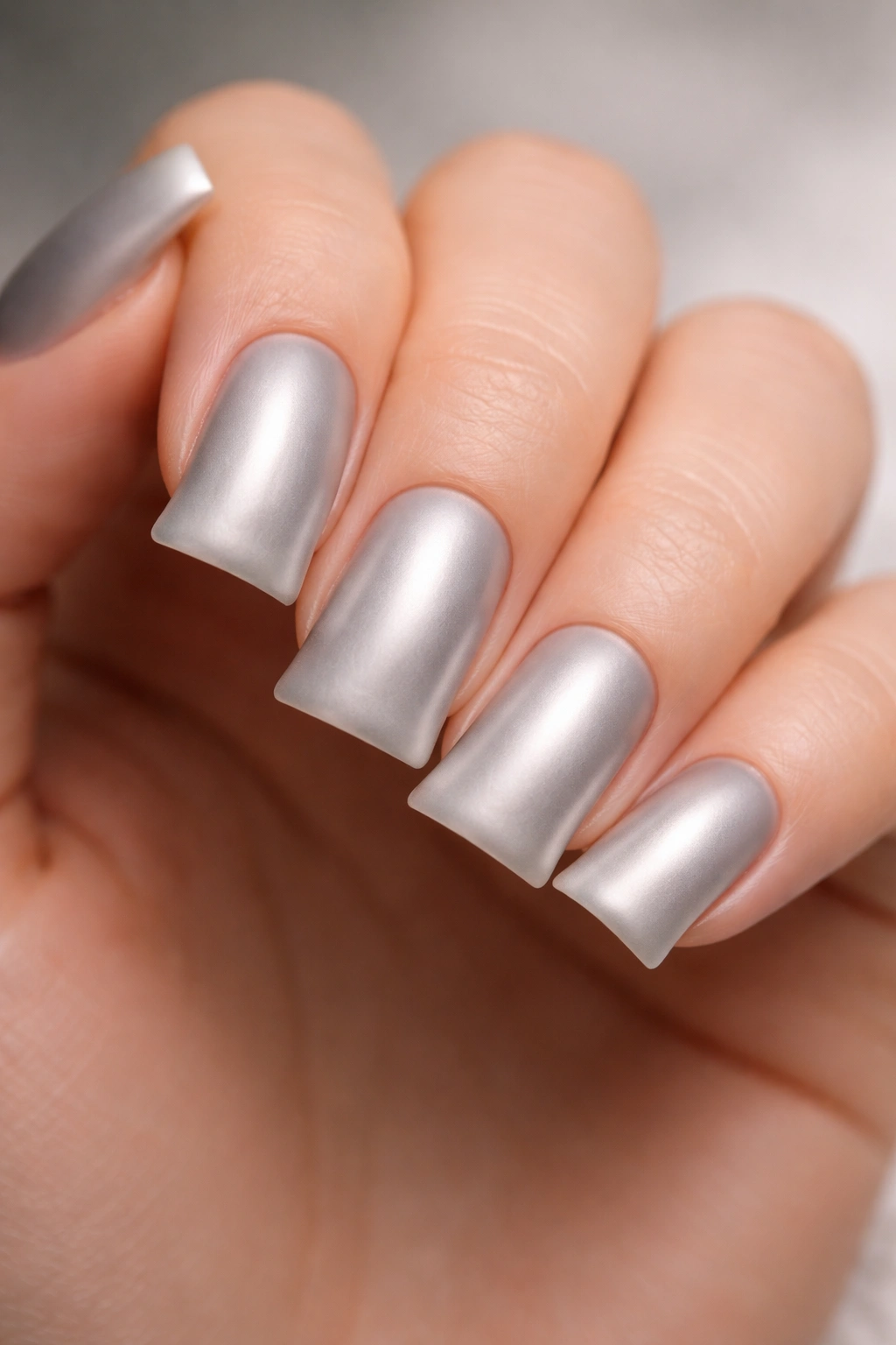 Close-up of short nails with matte chrome finish showing velvety sheen
