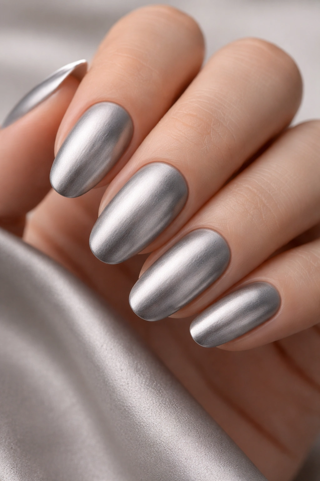 Close-up of fingernails with metallic silver matte topcoat finish and brushed metal texture