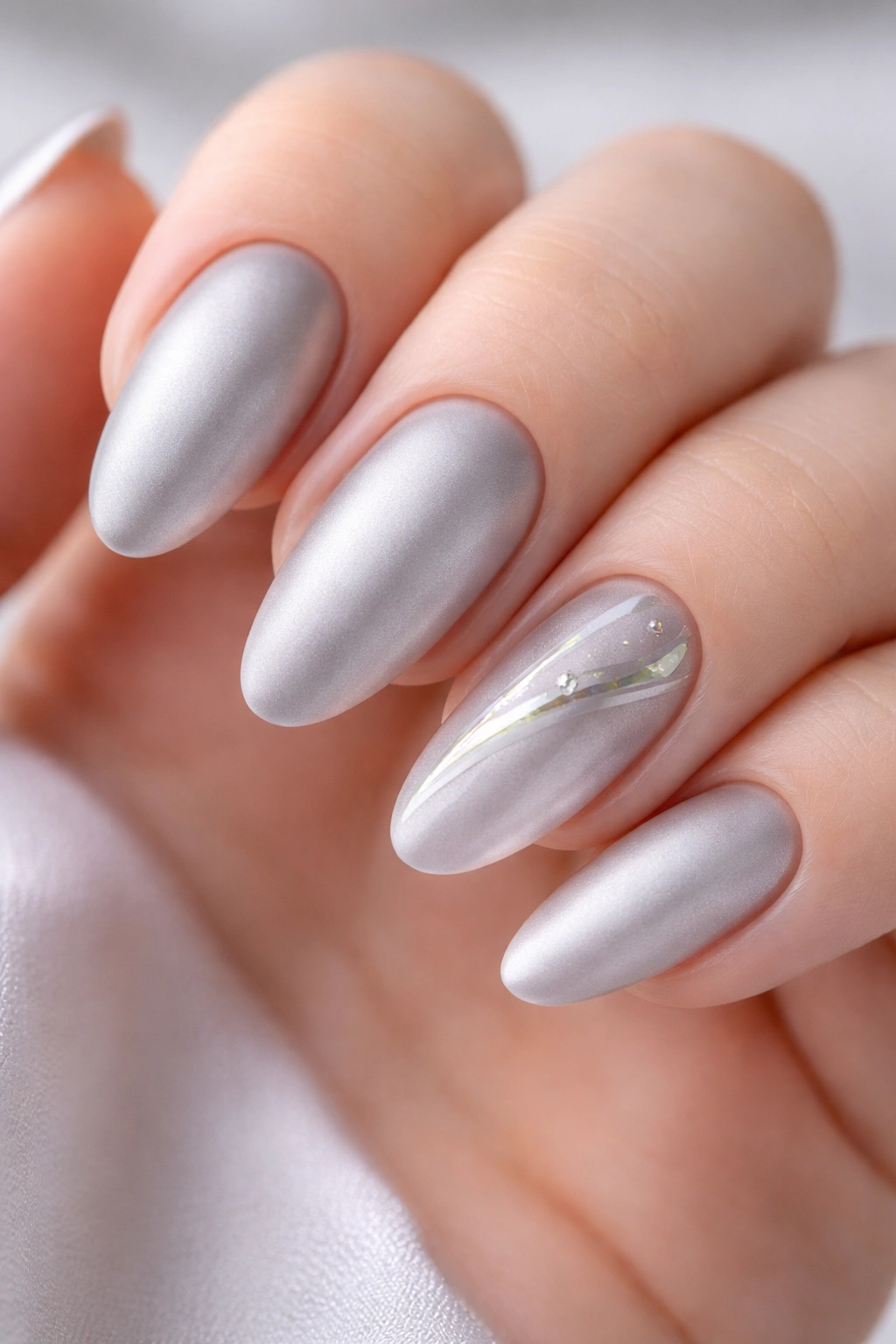 Close-up of a hand with matte chrome nails and a glossy accent nail in a studio setting