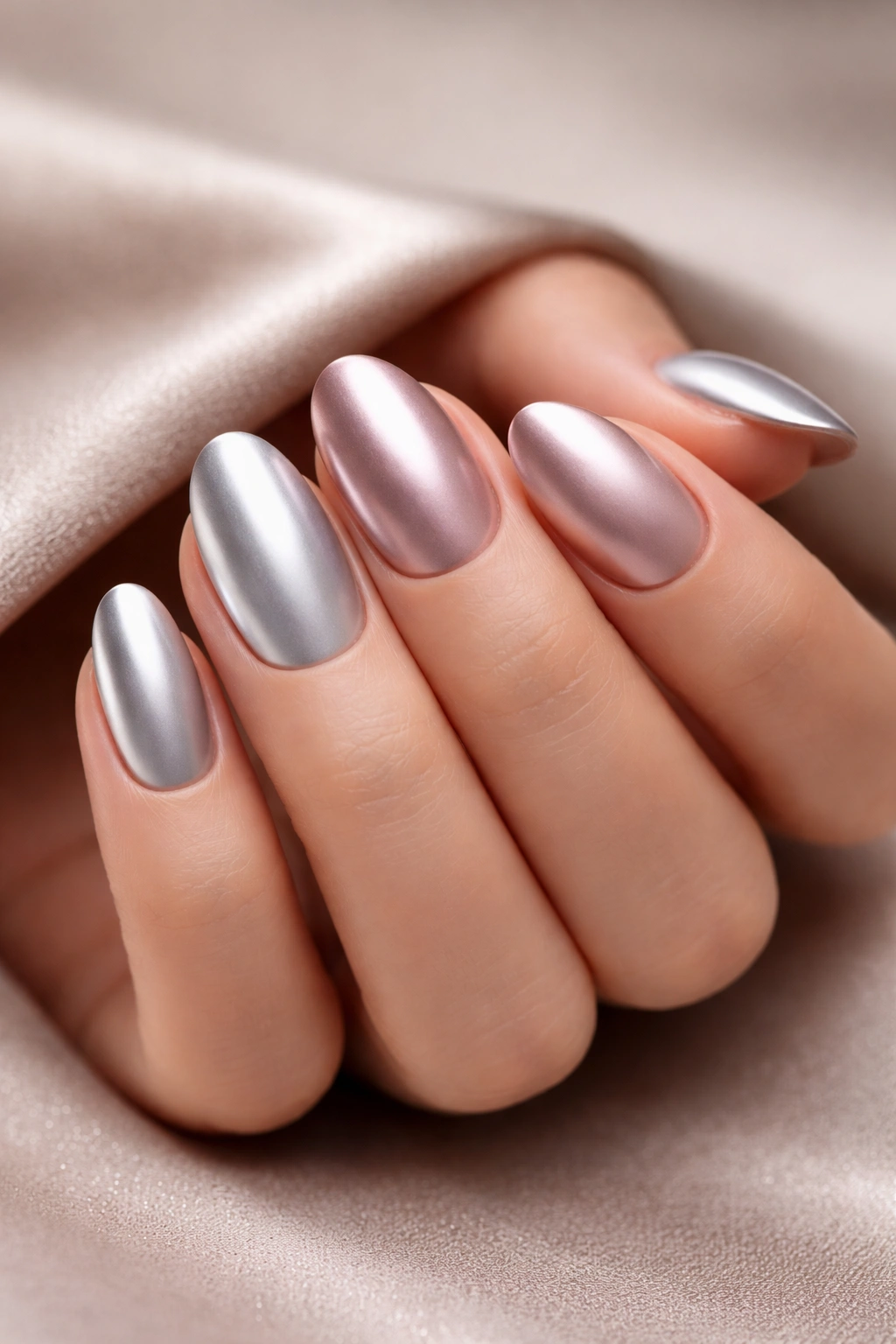 Hand with a satin matte chrome manicure in silver and rose gold tones