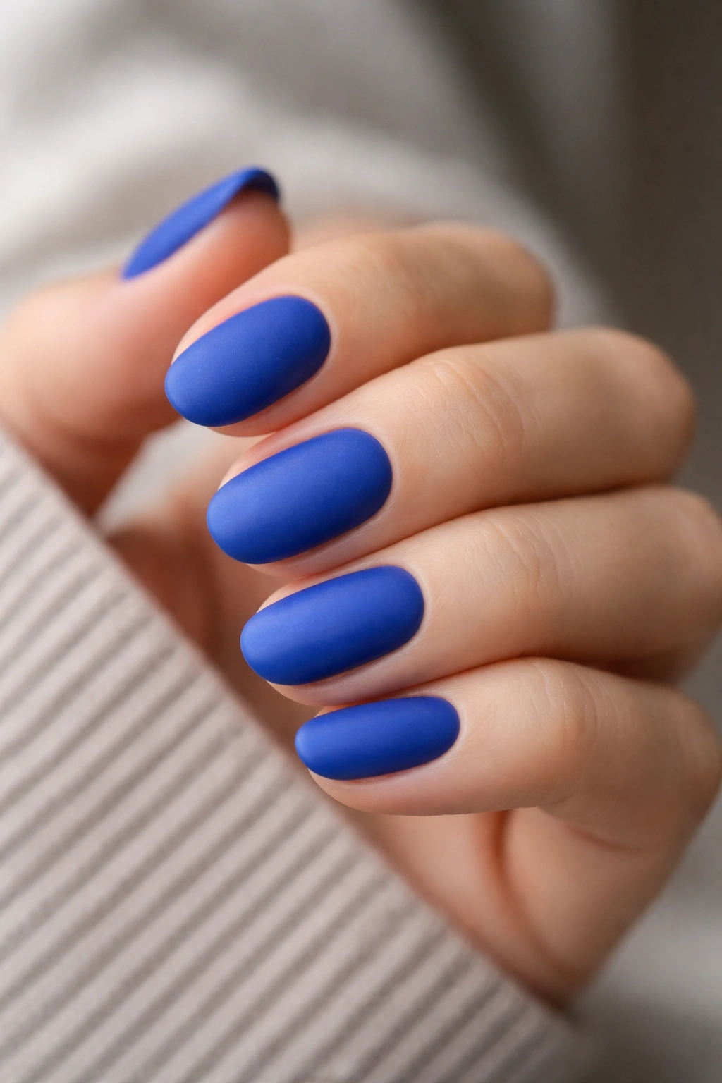 Cobalt matte nails on short oval shape with smooth finish