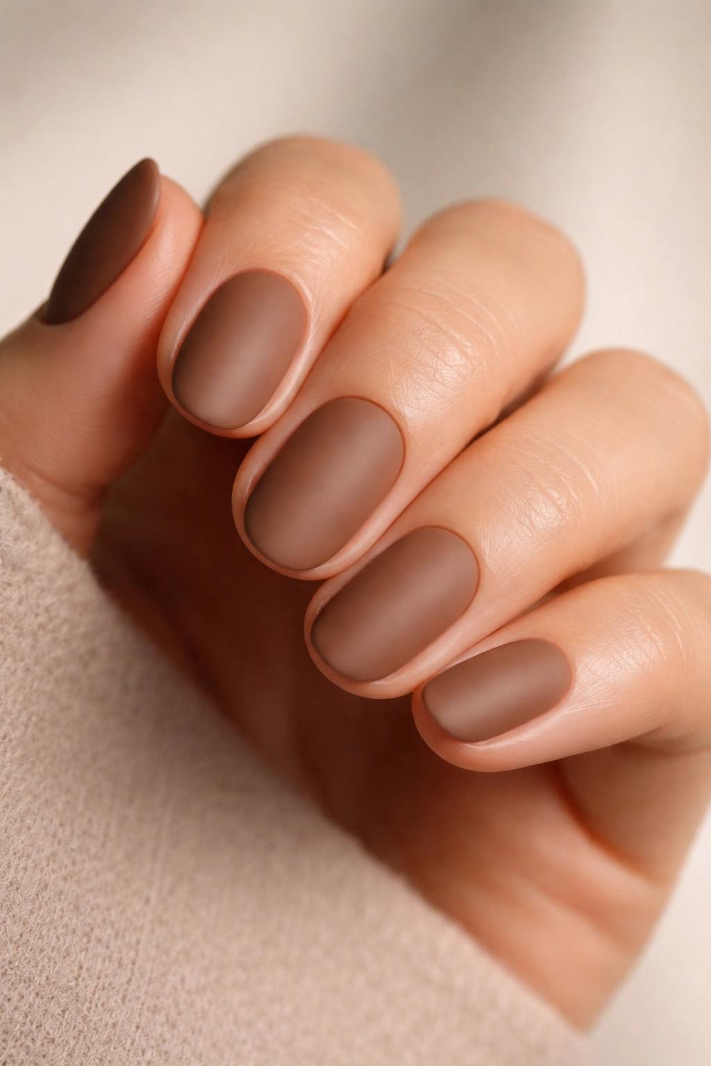 Close-up of short oval nails in matte cocoa brown on a neutral background