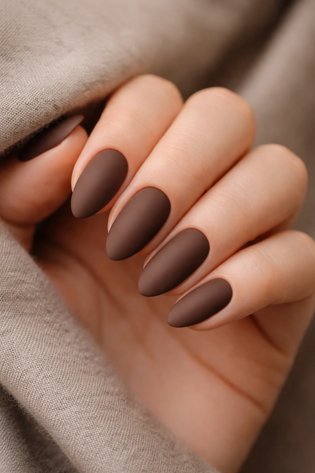 Close-up of short almond nails in matte cocoa brown.