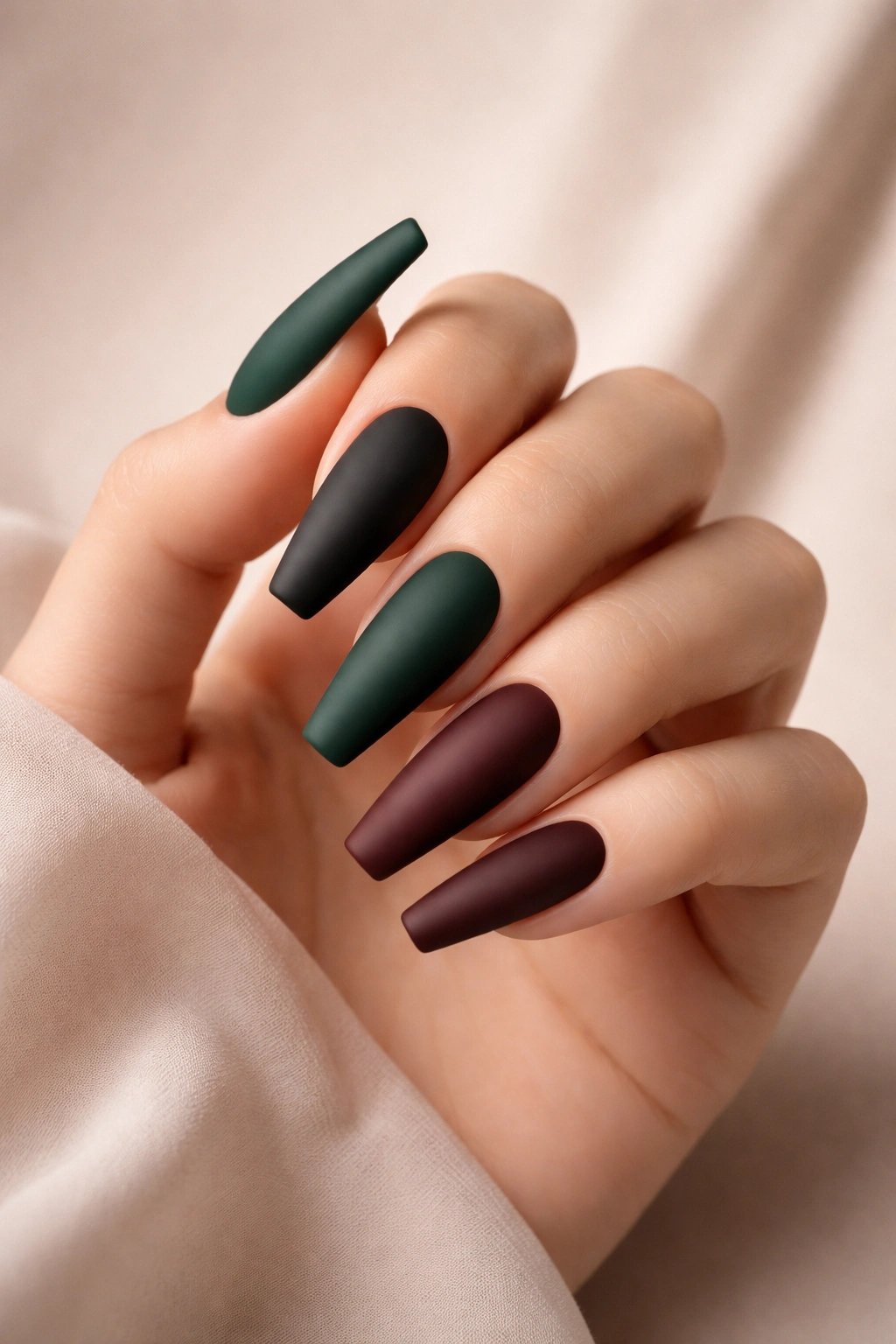 Close-up of coffin nails with a matte finish in deep jewel tones on a neutral background