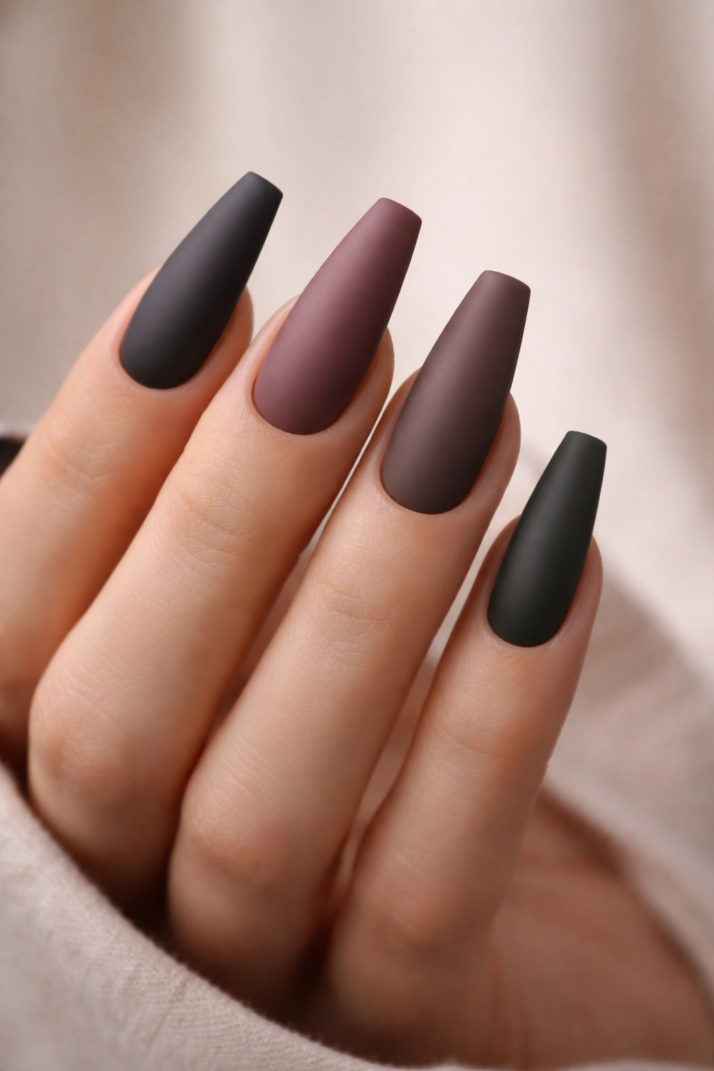 Coffin nails with a matte finish on a hand