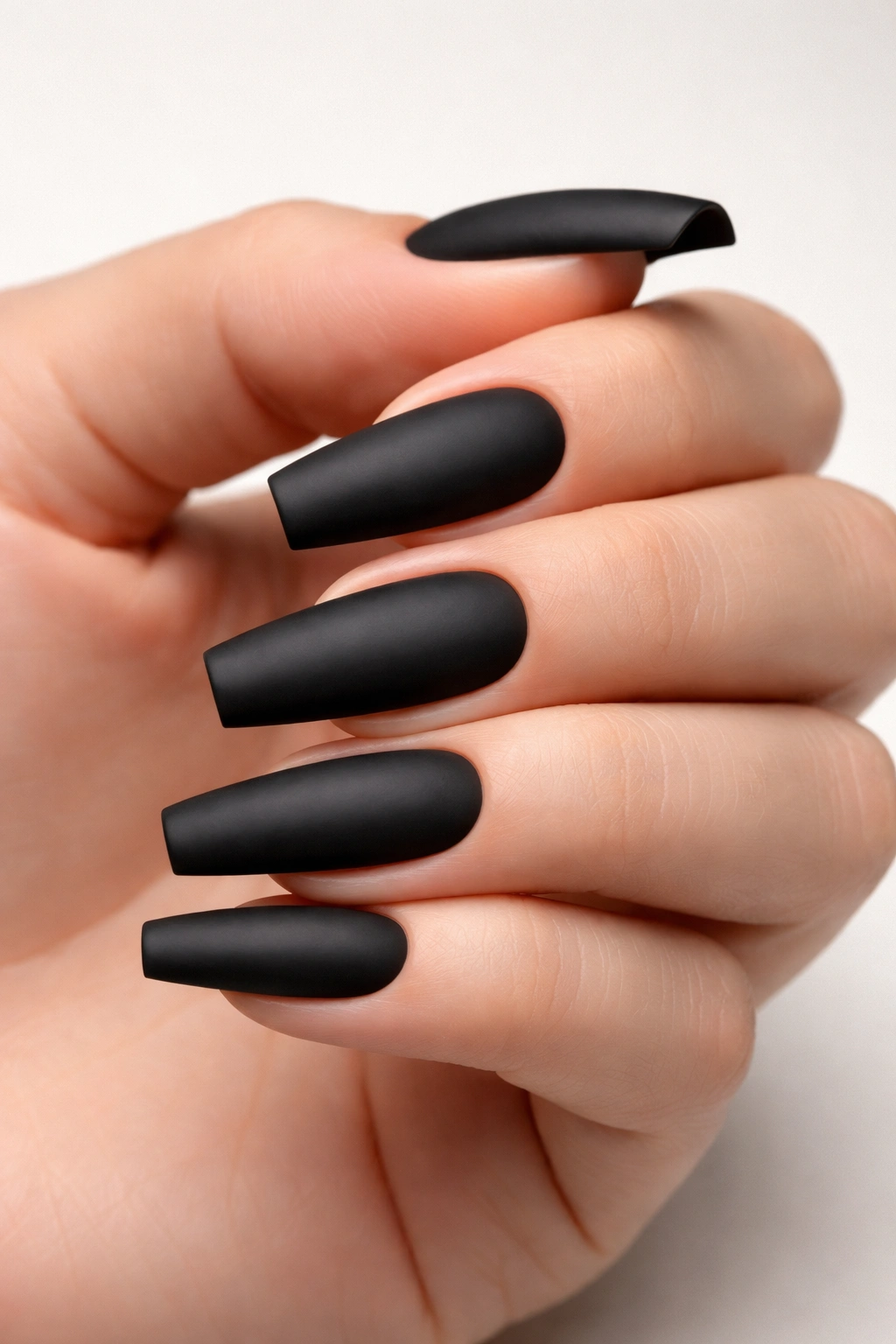 Matte black coffin nails with velvety finish on a hand