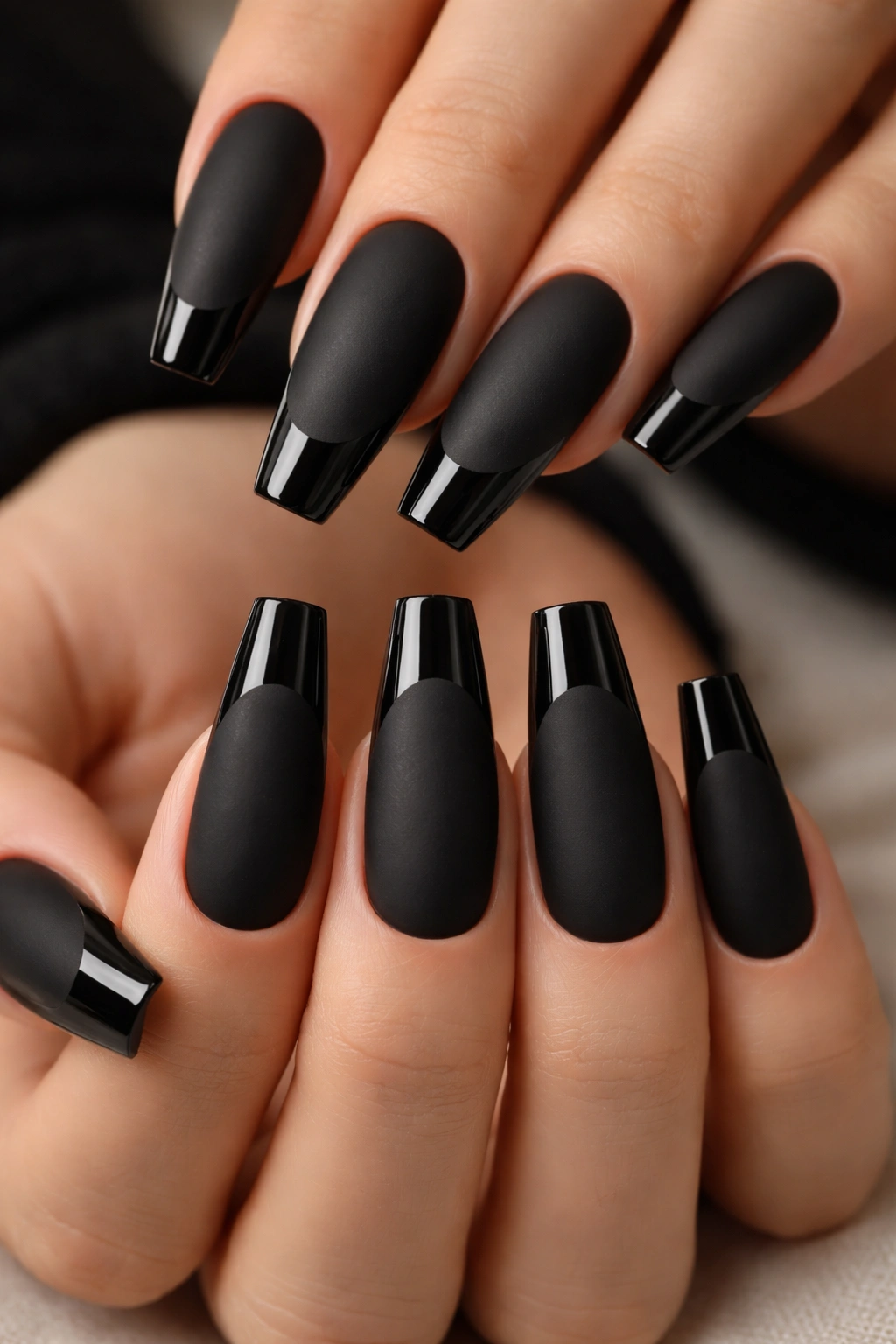 Matte black coffin nails with glossy French tips
