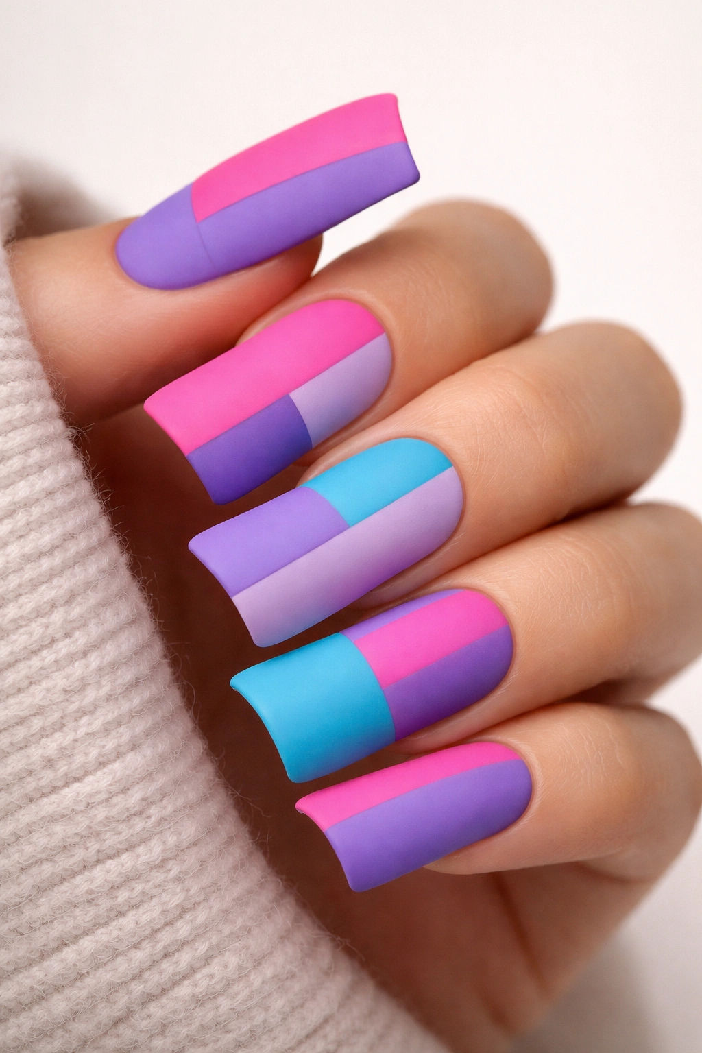 Close-up of duck nails in bold matte color blocks on a neutral background