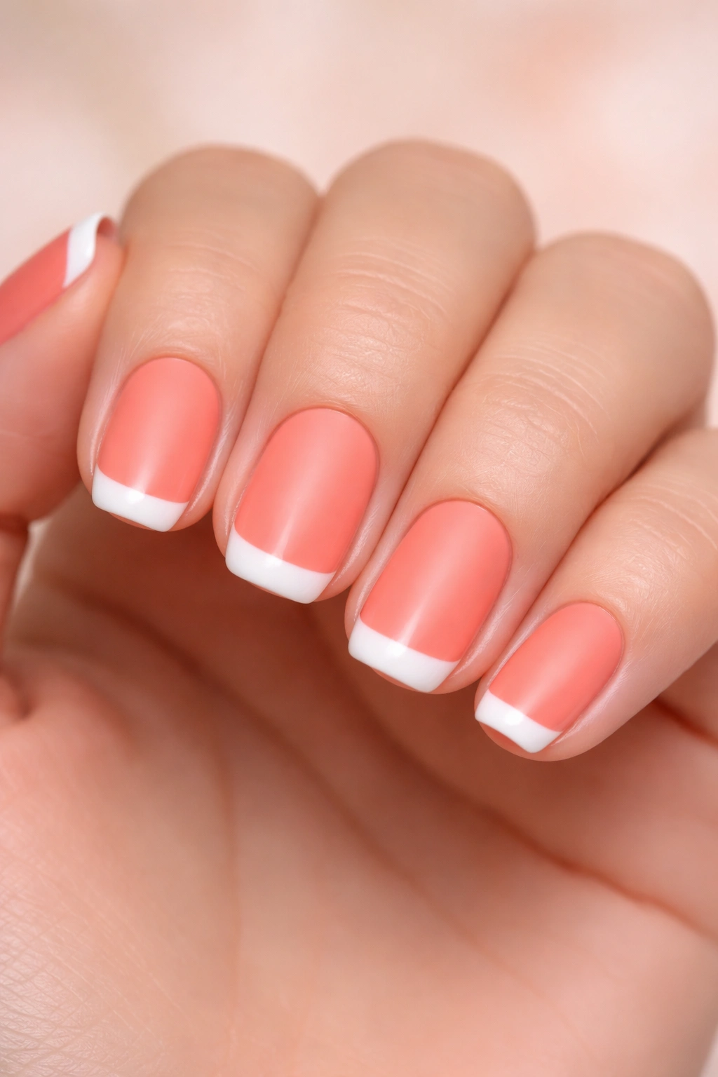 Nails showing matte coral base with glossy white tips on short squoval nails