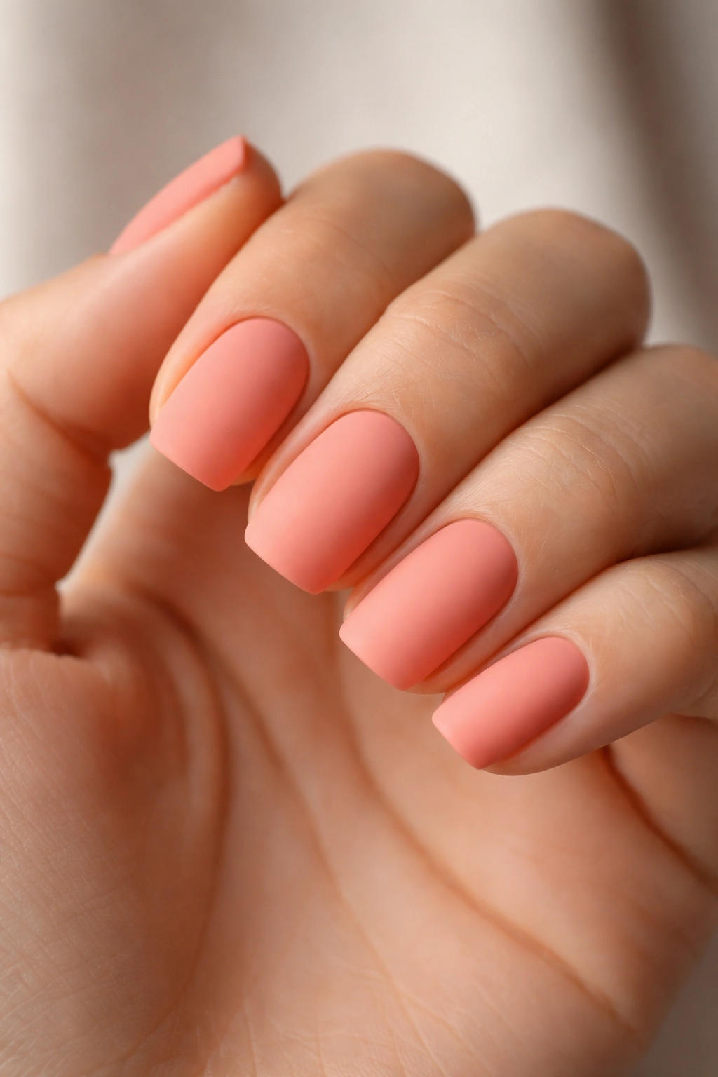 Close-up of matte coral nails on a short squoval shape