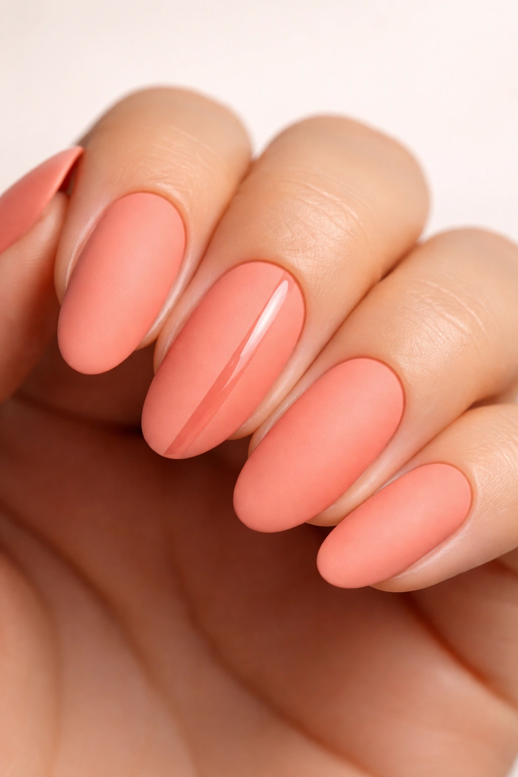 Close-up of matte coral oval nails with a glossy stripe