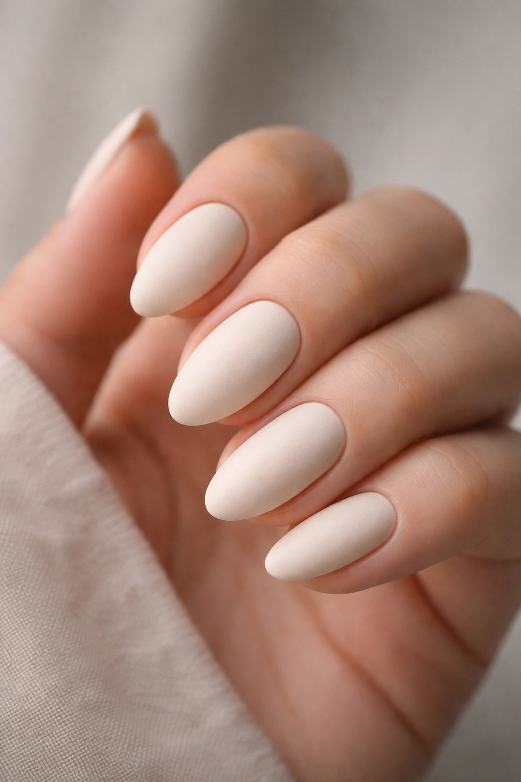 Close-up of short almond nails with a matte cream finish.
