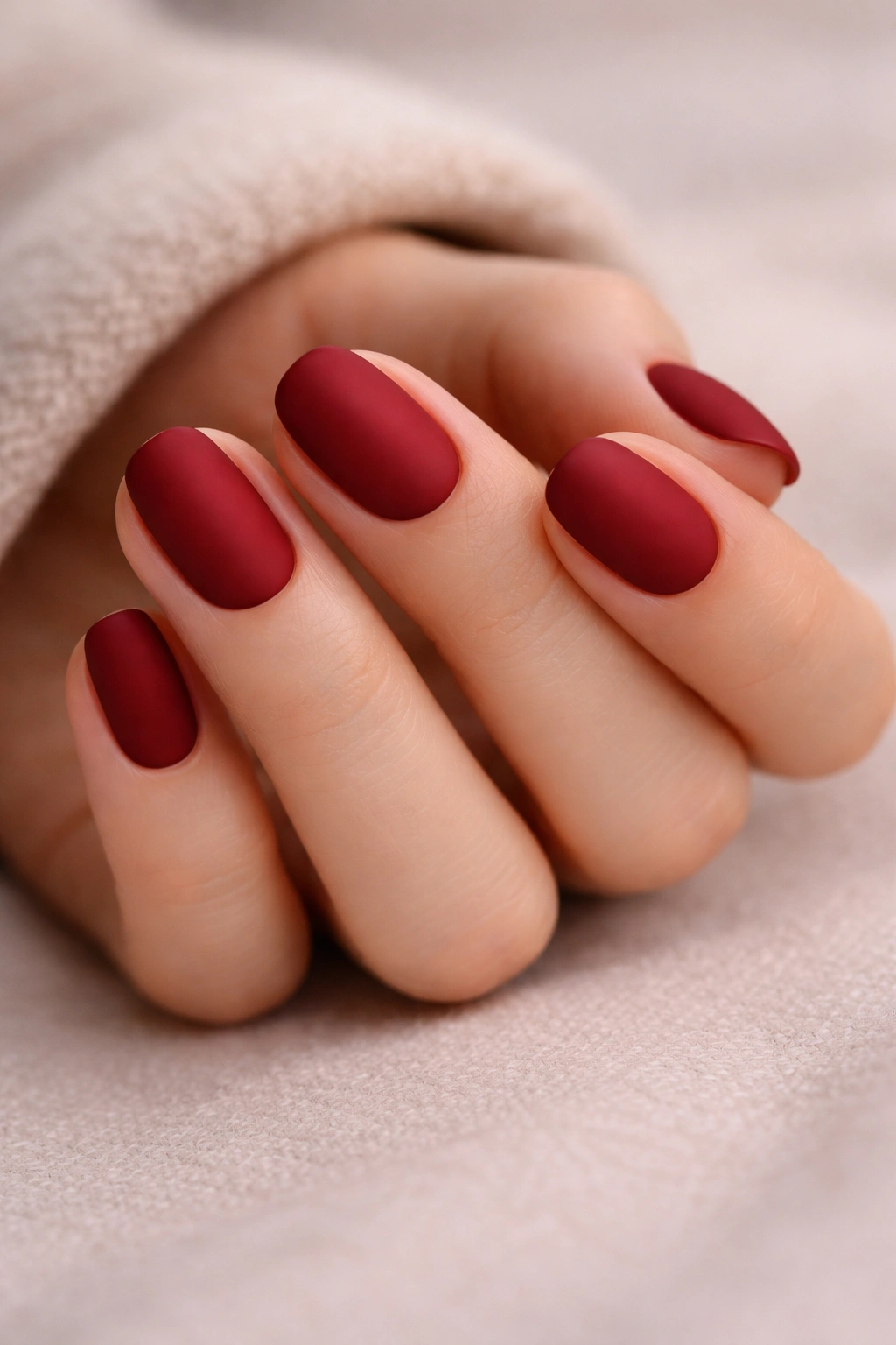 Close-up of short oval nails with matte crimson finish