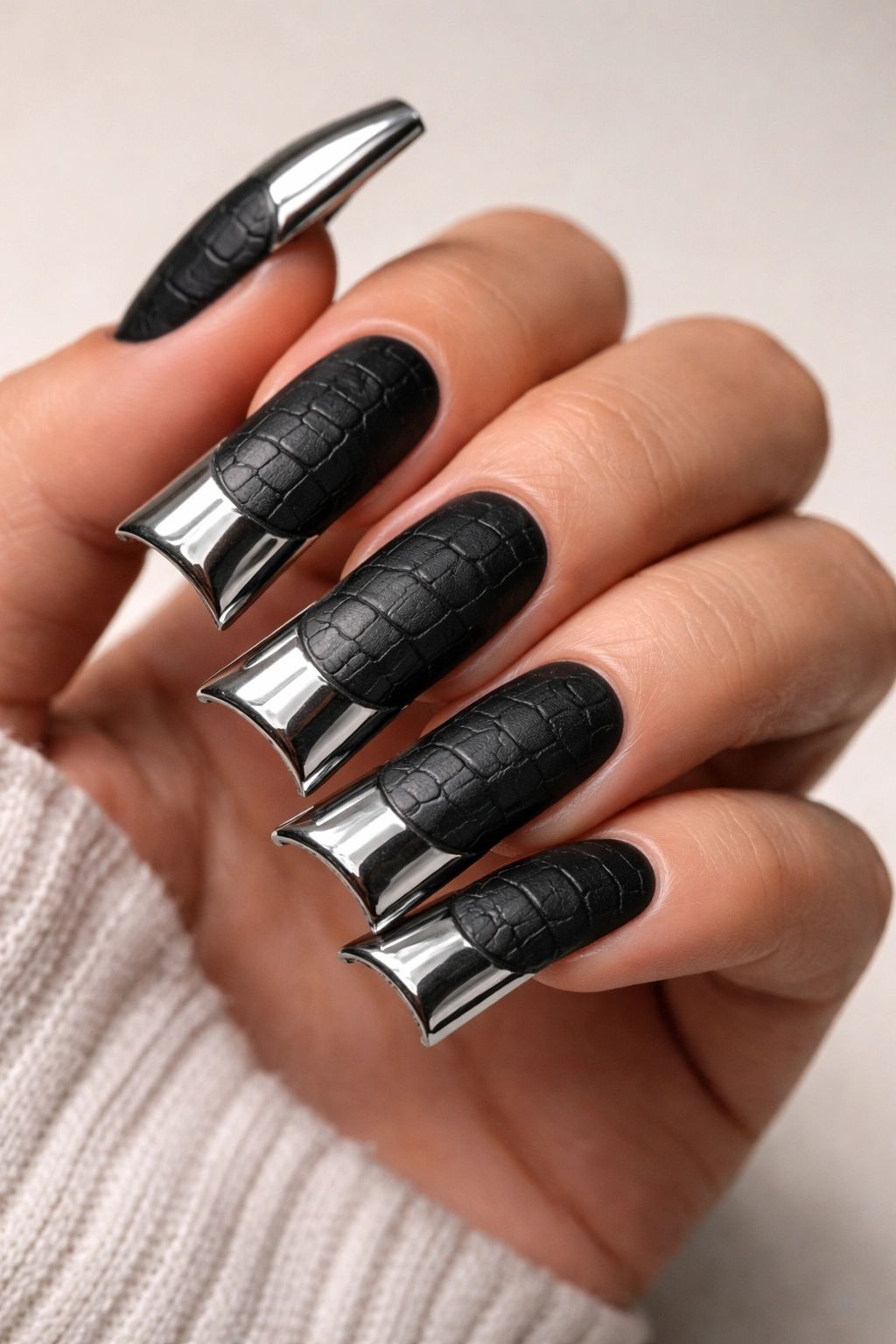 Matte black croc nails with chrome duck tip reflection