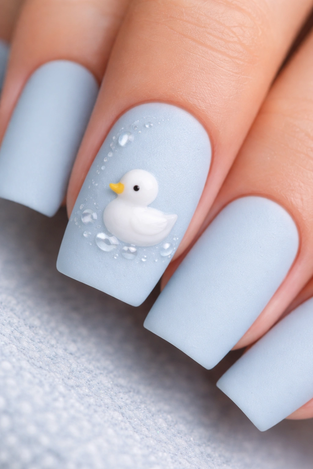 Matte blue nail with a glossy white duck accent and subtle texture