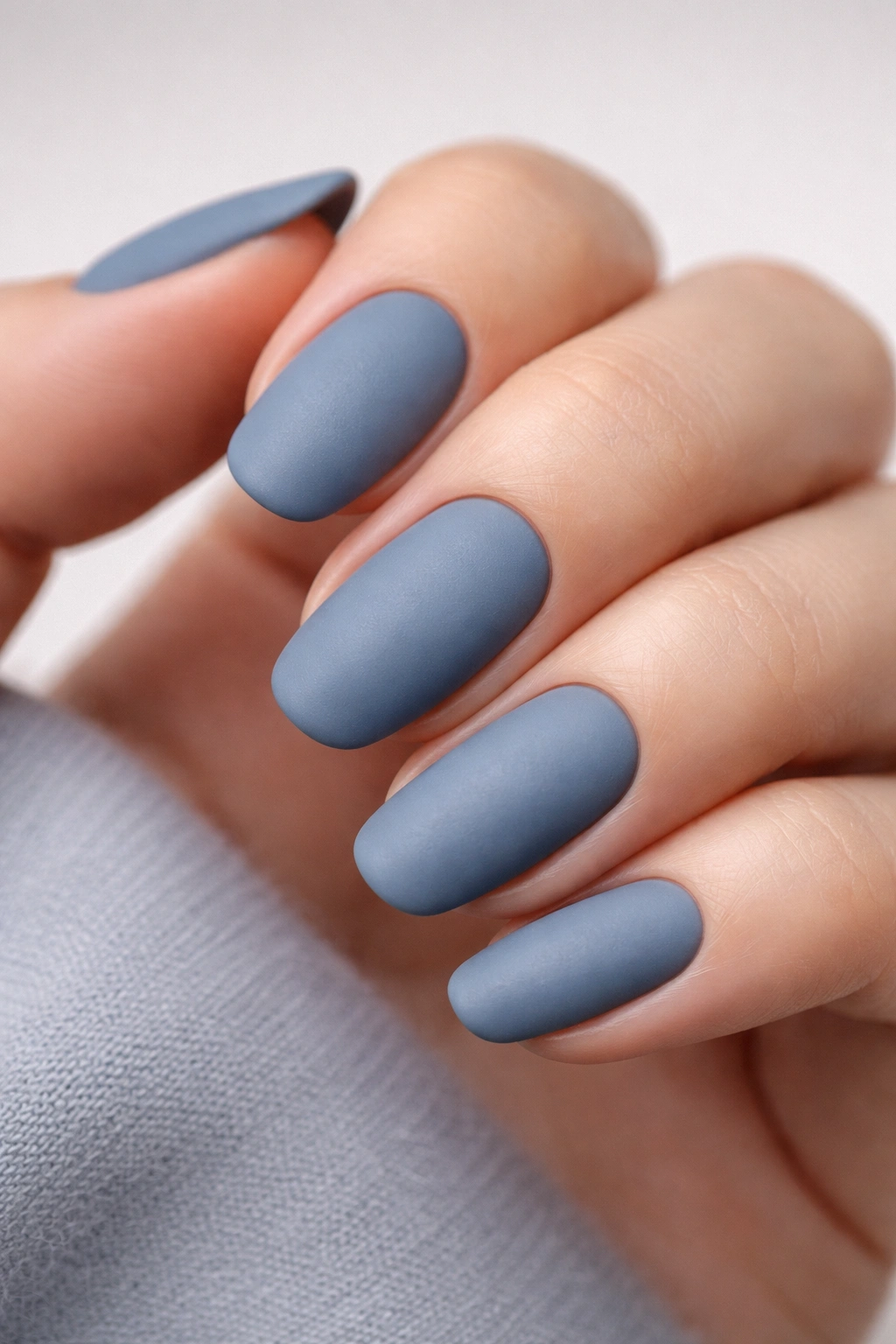 Close-up of matte dusty blue nails with velvety finish in studio lighting