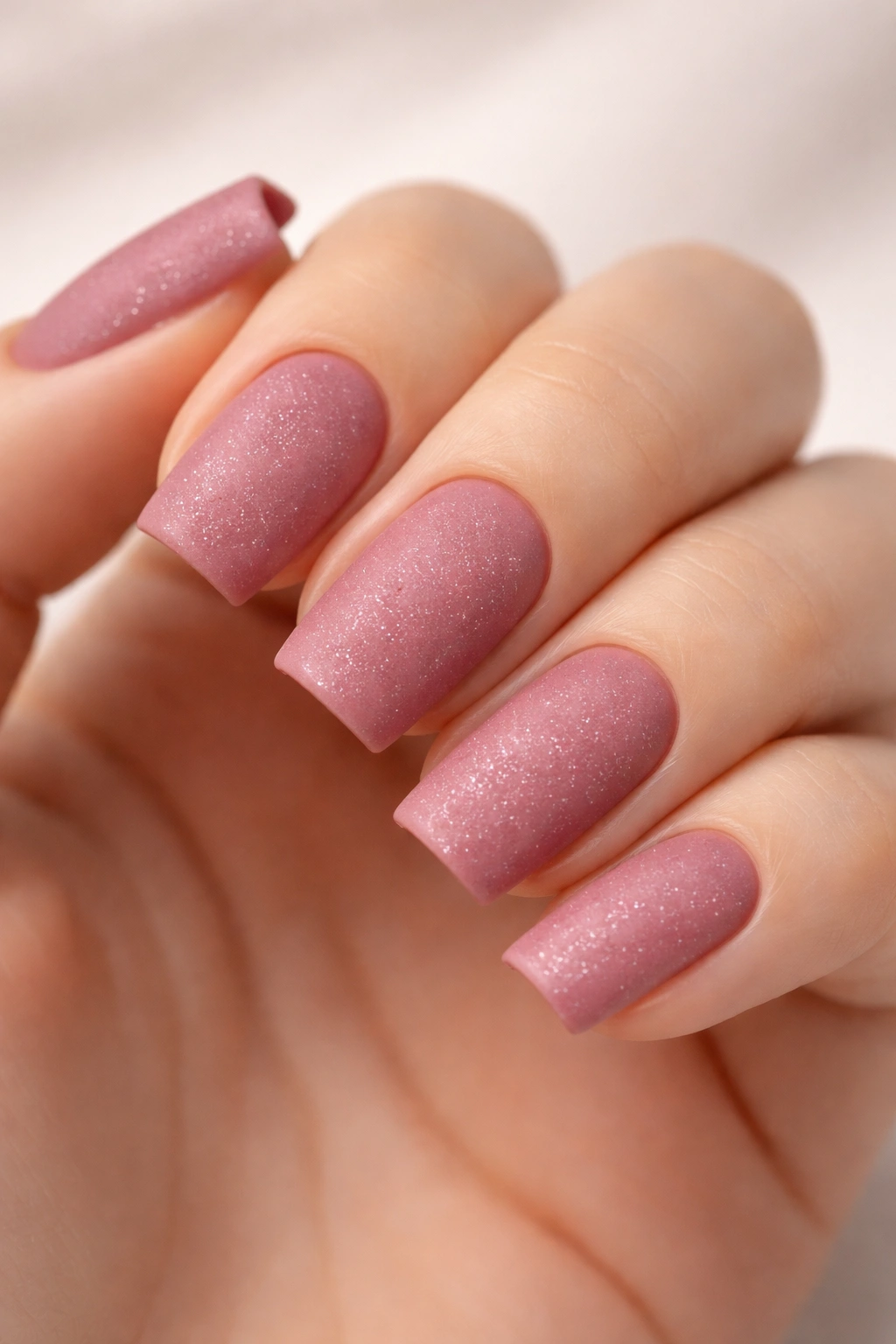 Matte dusty rose nails with micro sparkle on soft square nails