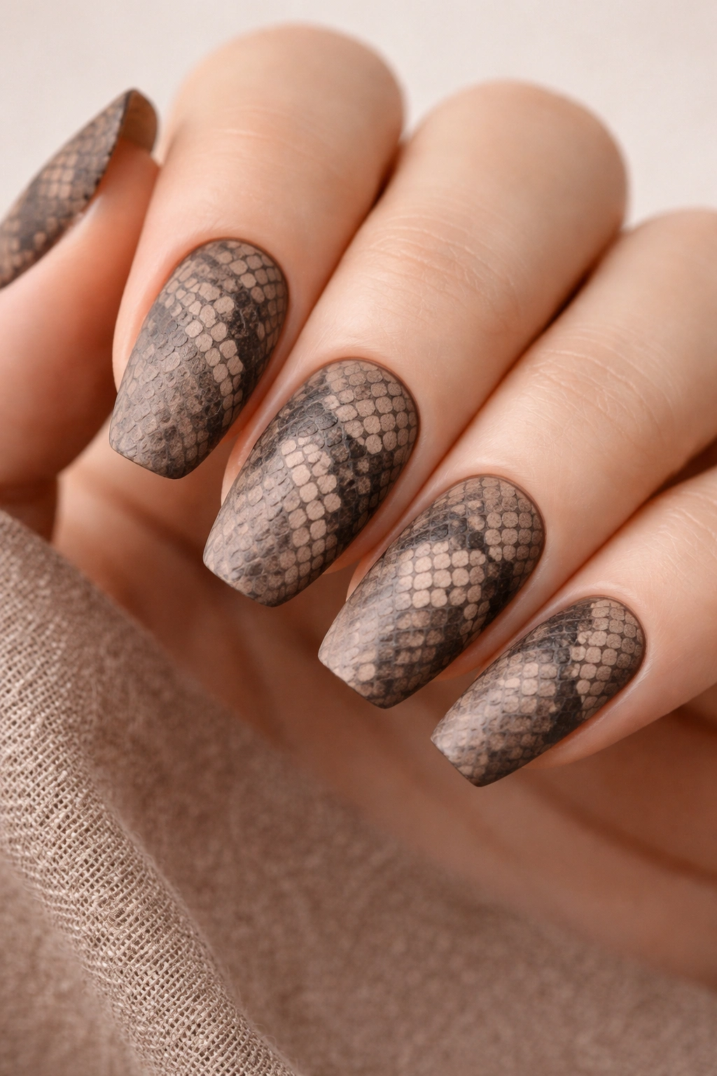 Matte earth-toned nails with a subtle snake scale pattern in beige and taupe.