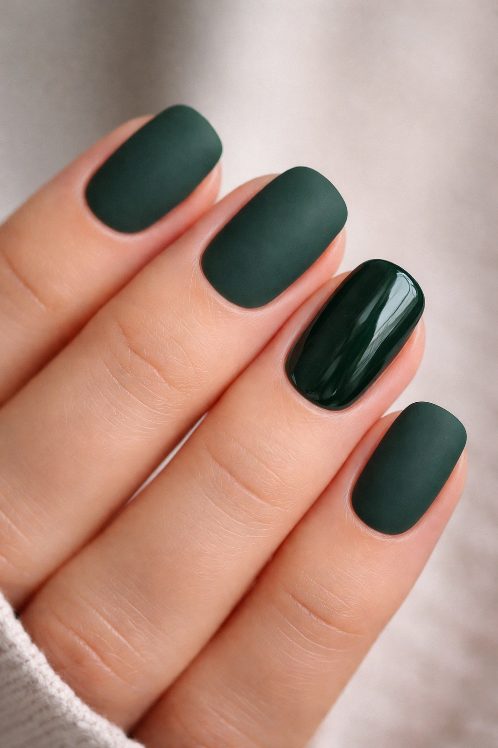 Close-up of short squoval nails with matte emerald base and one glossy accent nail