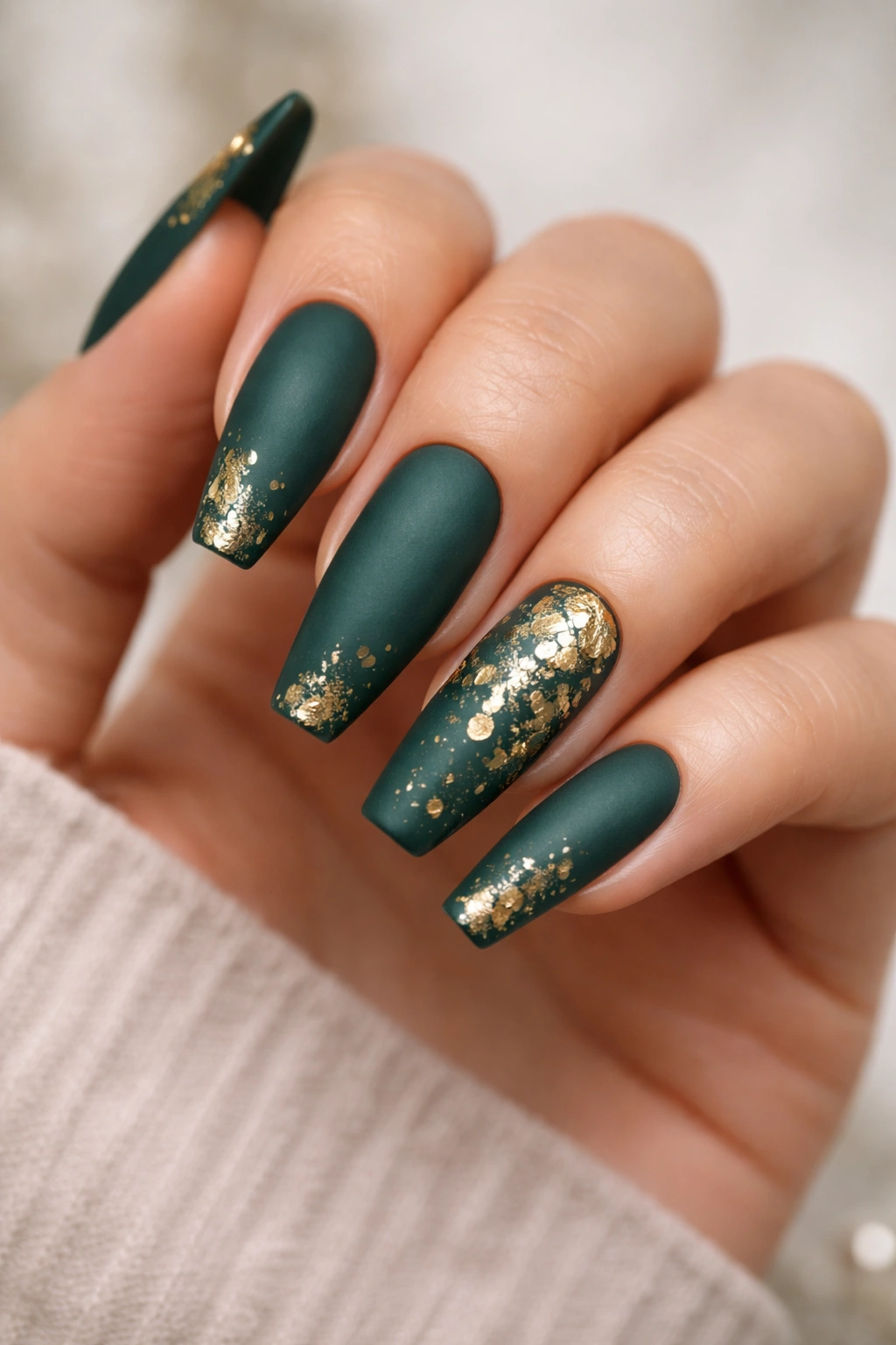 Matte emerald nails with cracked gold foil accents