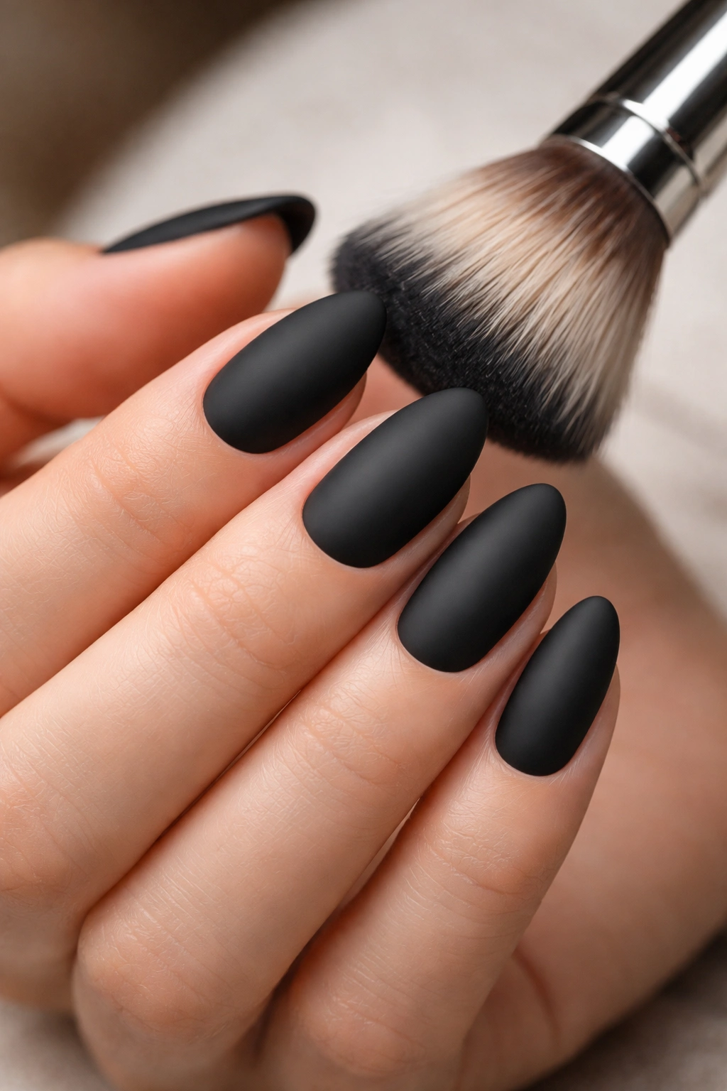 Close-up of matte black almond nails being cleaned with a soft brush
