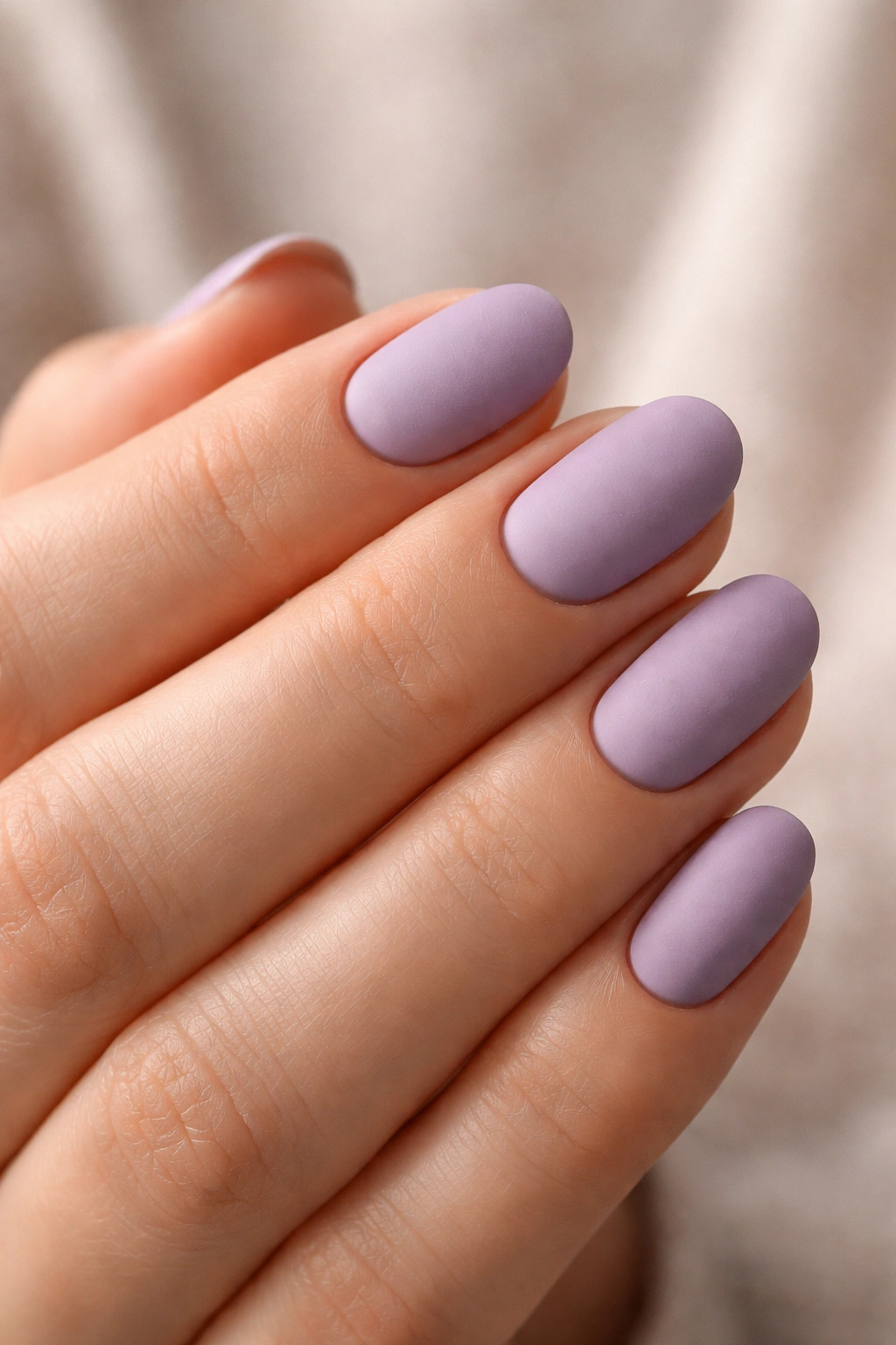 Close-up of lavender nails with matte finish on short oval nails.