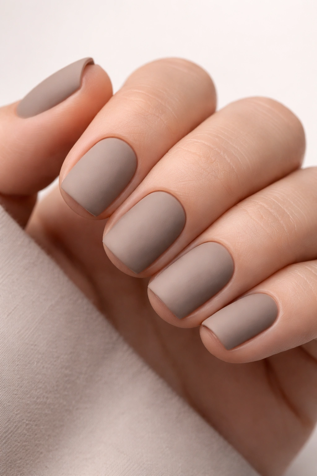 Close-up of short nails with a pure matte taupe gel finish