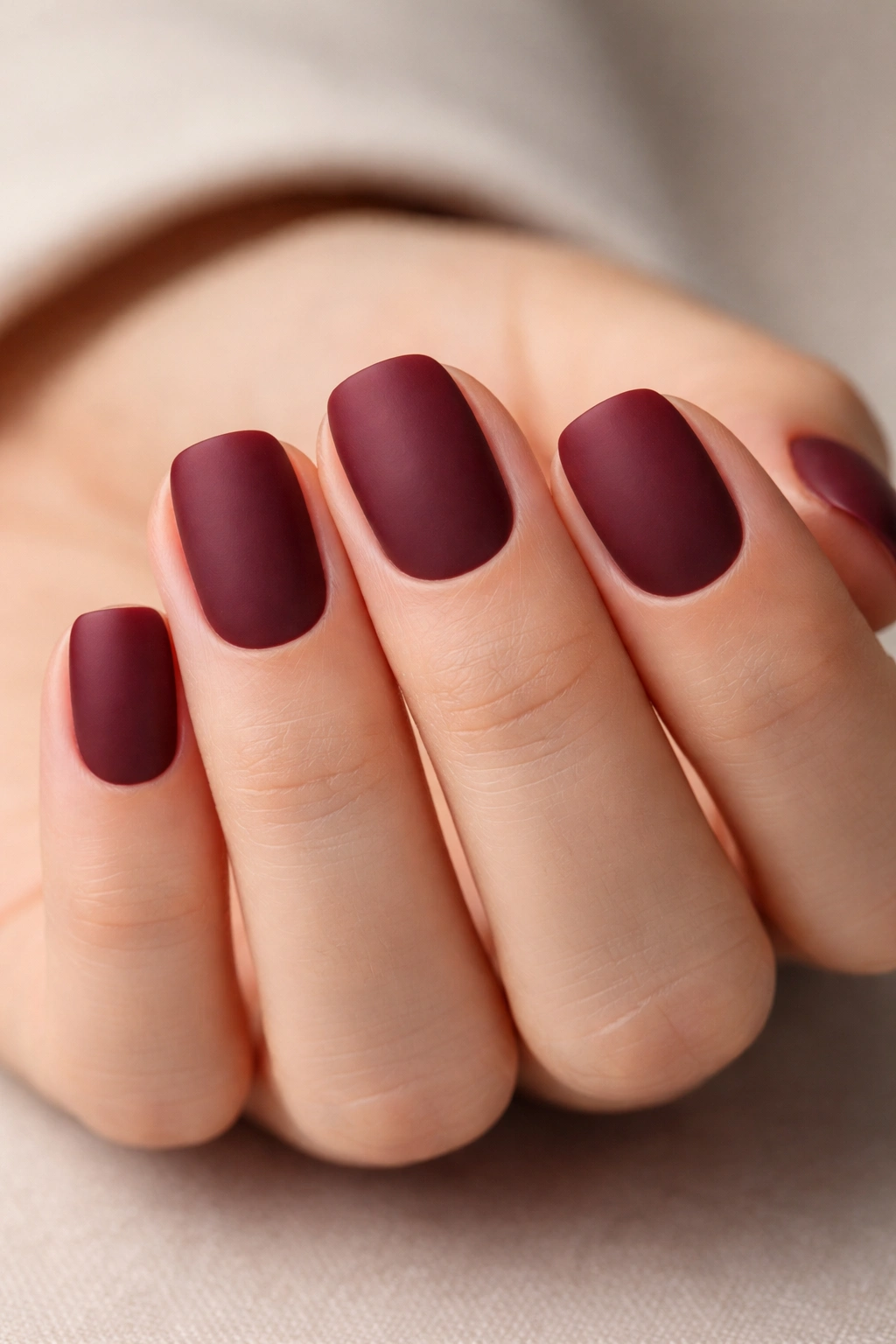 Close up of short nails with matte finish burgundy color