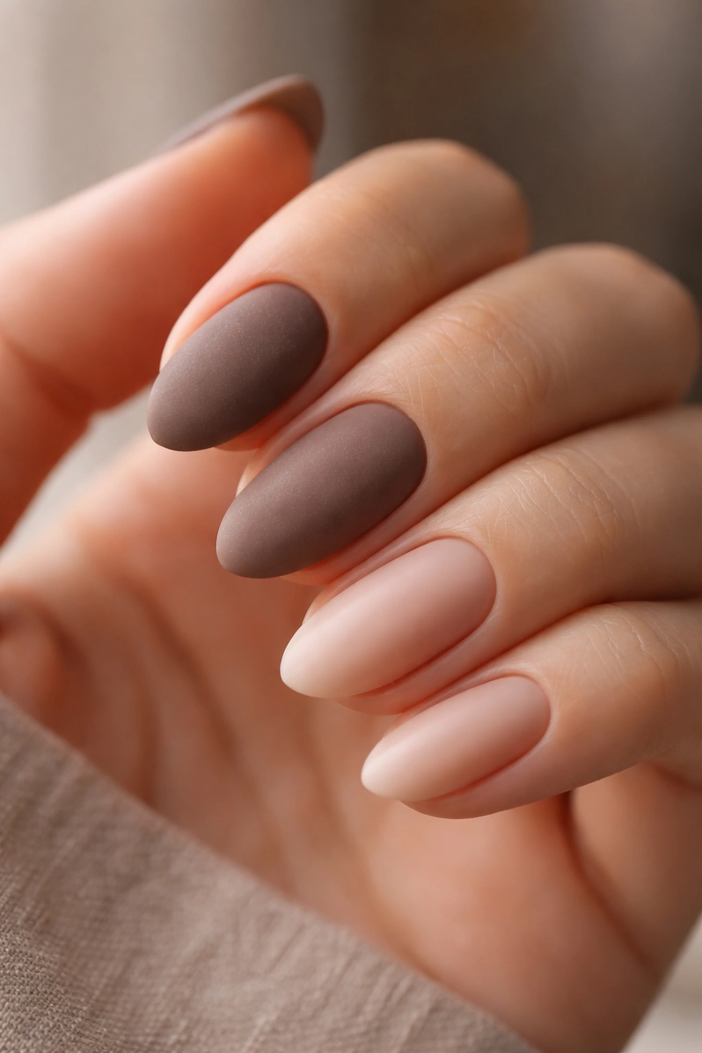 Hand with almond nails showing velvety and satin matte finishes