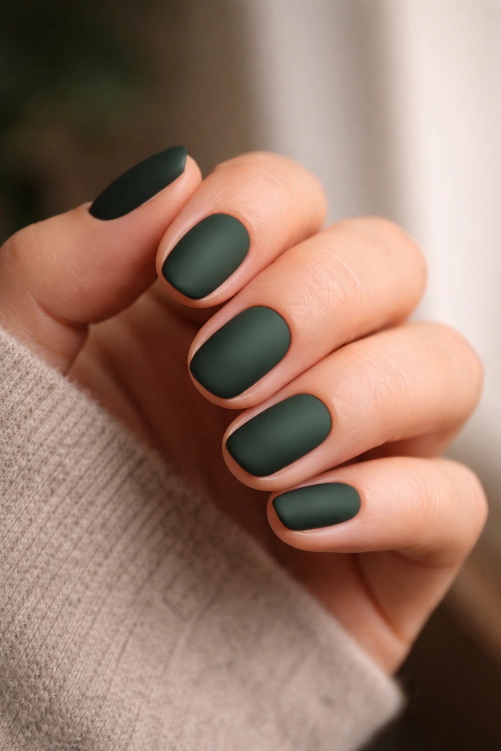 Close-up of matte forest green nails on short oval shape
