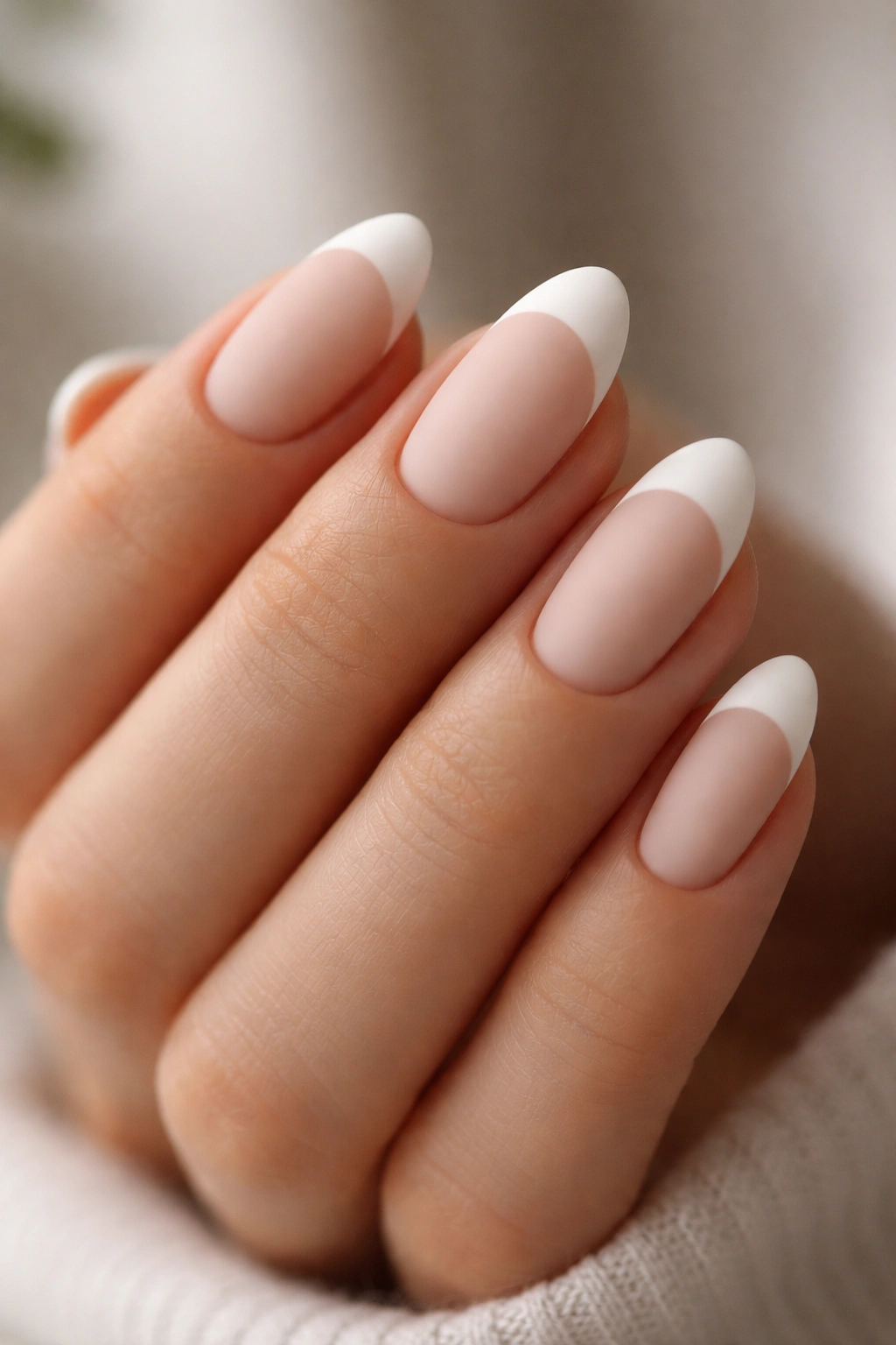 Almond-shaped short nail with matte white tip and matte nude base